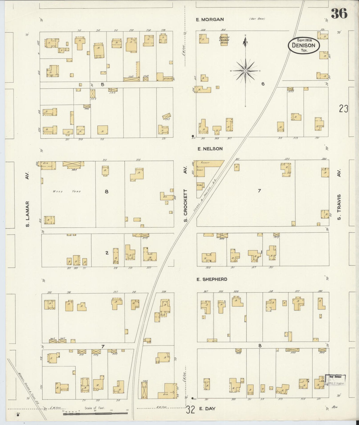 Sanborn Fire Insurance Map from Denison, Grayson County, Texas (1908), Sheet #0036 - Complete Map Set gallery image, historic Sanborn map, vintage wall art, Texas Texas
