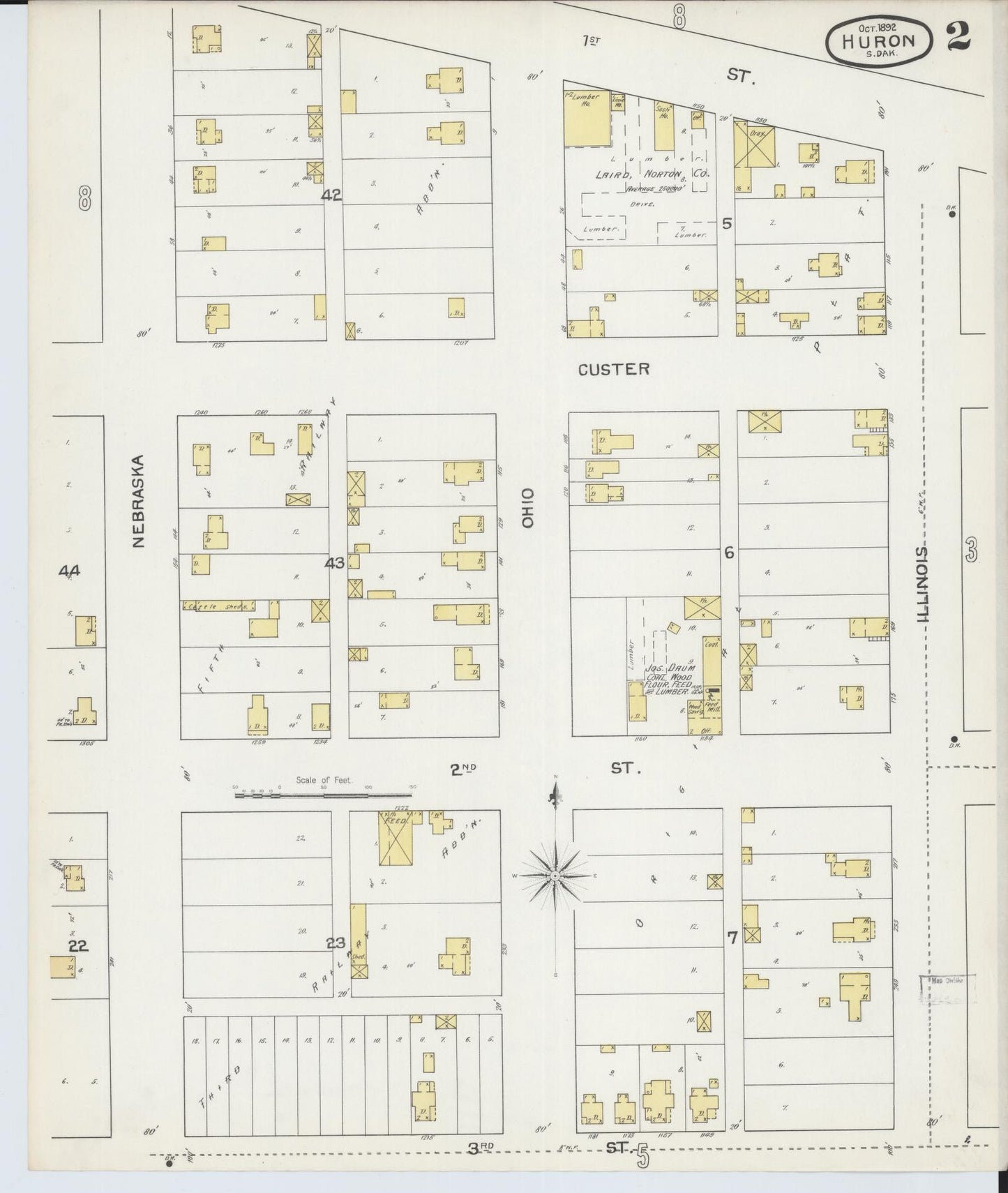 Sanborn Fire Insurance Map from Huron, Beadle County, South Dakota (1892), Sheet #0002 - Complete Map Set gallery image, historic Sanborn map, vintage wall art, South Dakota South Dakota