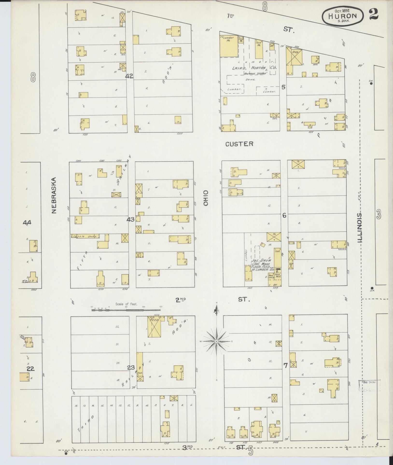 Sanborn Fire Insurance Map from Huron, Beadle County, South Dakota (1892), Sheet #0002 - Complete Map Set gallery image, historic Sanborn map, vintage wall art, South Dakota South Dakota