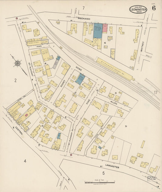 Sanborn Fire Insurance Map from Leominster, Worcester County, Massachusetts (1922), Sheet #0006 - Historic Sanborn Fire Insurance Map Print, vintage old map wall art, antique decor, genealogy gift, Massachusetts Massachusetts map