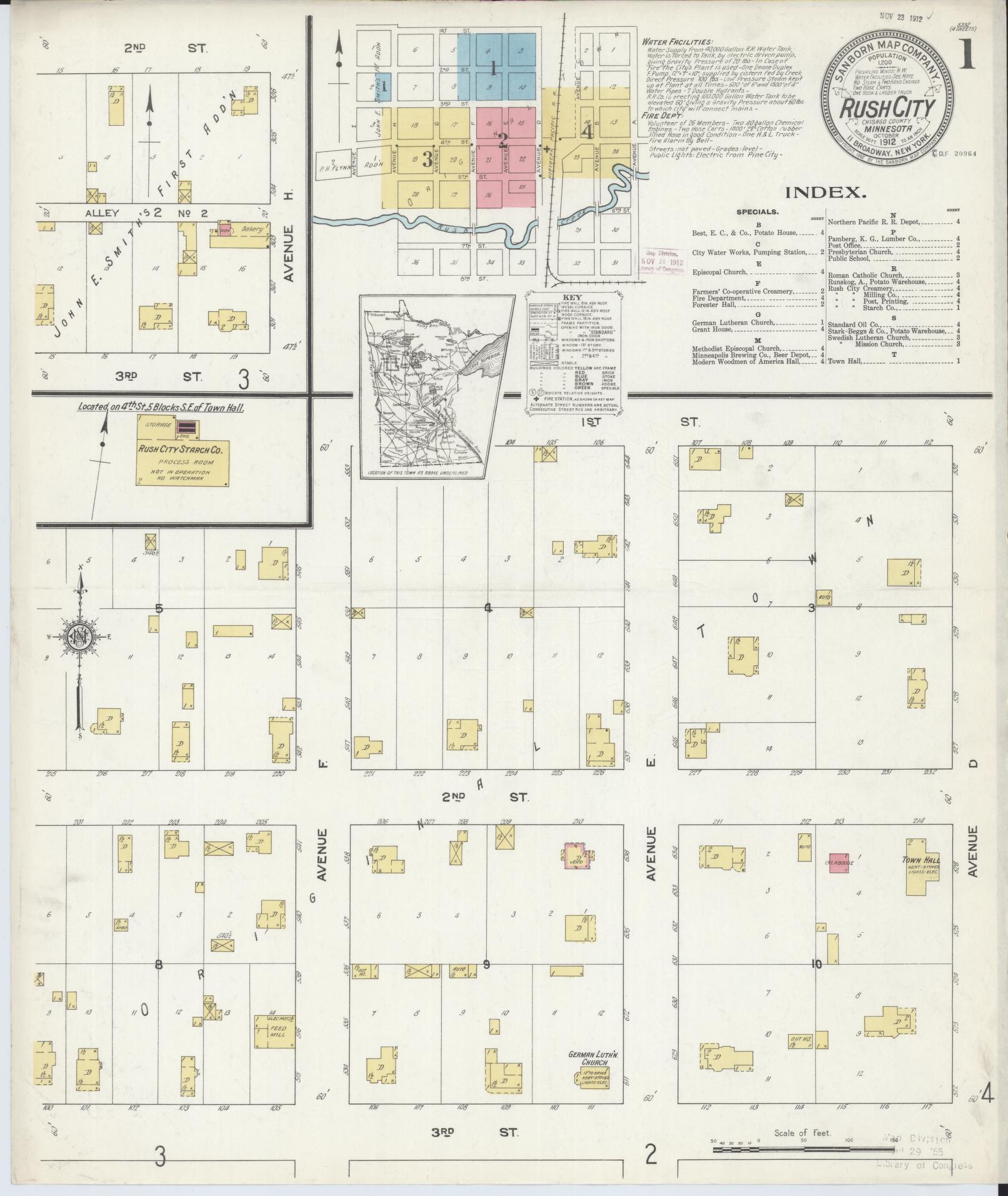 Sanborn Fire Insurance Map from Rush City, Chisago County, Minnesota (1912), Sheet #0001 - Complete Map Set gallery image, historic Sanborn map, vintage wall art, Minnesota Minnesota