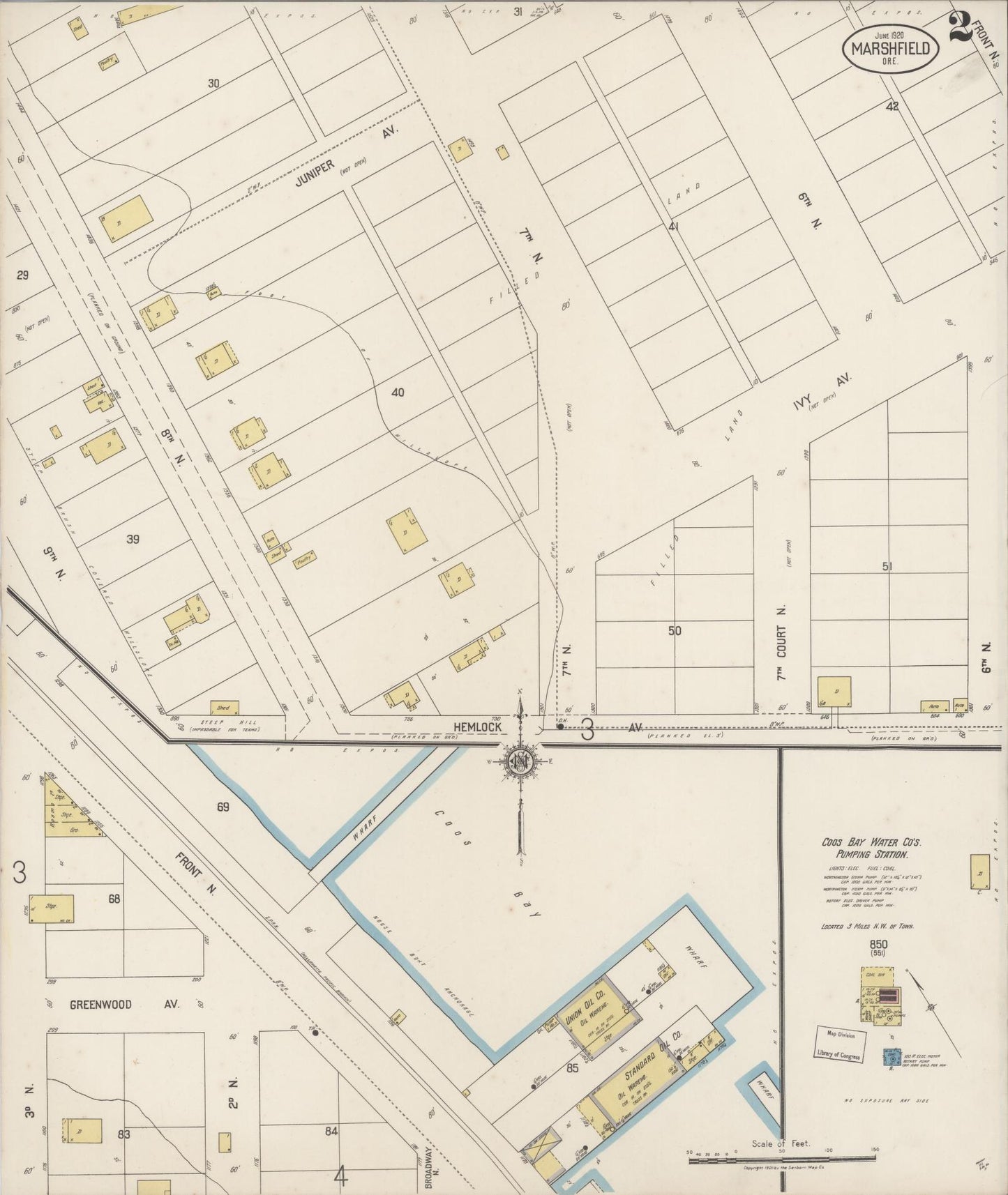 Sanborn Fire Insurance Map from Marshfield, Coos County, Oregon (1920), Sheet #0002 - Historic Sanborn Fire Insurance Map Print, vintage old map wall art, antique decor, genealogy gift, Oregon Oregon map