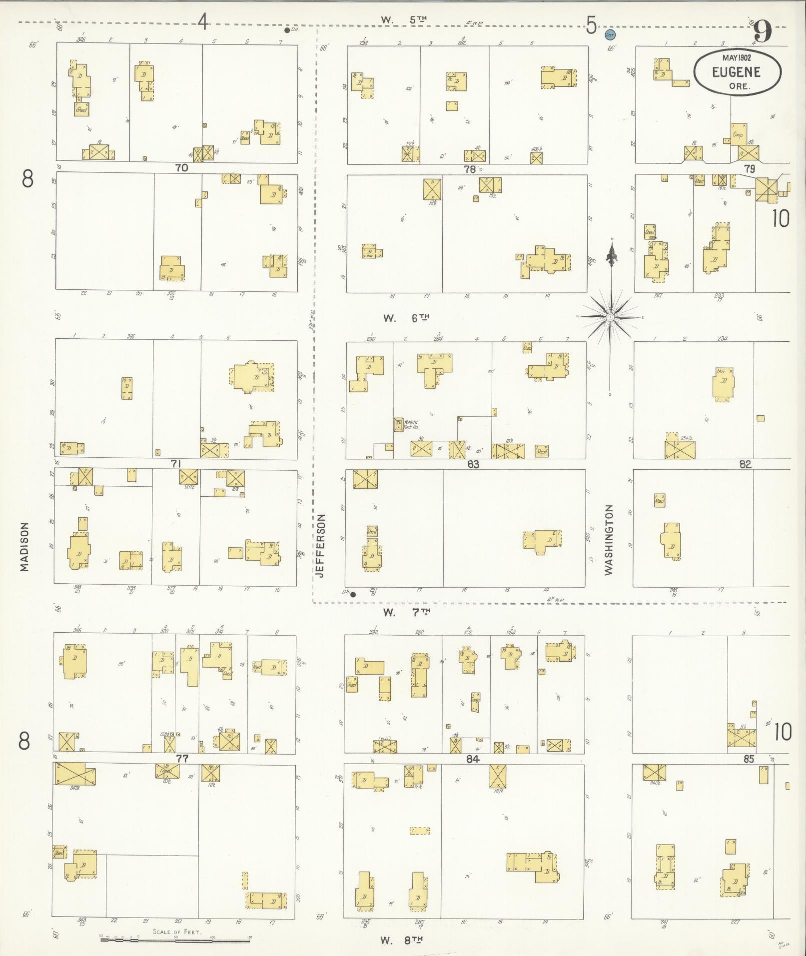 Sanborn Fire Insurance Map from Eugene, Lane County, Oregon (1902), Sheet #0009 - Historic Sanborn Fire Insurance Map Print, vintage old map wall art, antique decor, genealogy gift, Oregon Oregon map