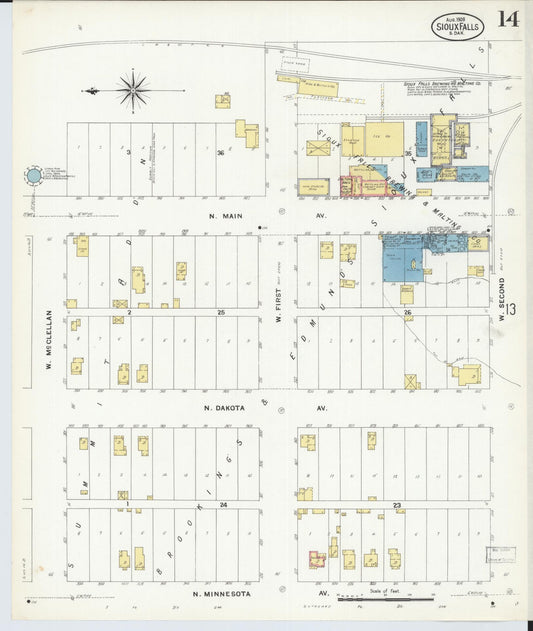 Sanborn Fire Insurance Map from Sioux Falls, Minnehaha County, South Dakota (1908), Sheet #0014 - Historic Sanborn Fire Insurance Map Print, vintage old map wall art, antique decor, genealogy gift, South Dakota South Dakota map