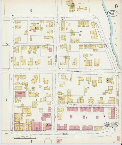 Sanborn Fire Insurance Map from Ware, Hampshire County, Massachusetts (1902), Sheet #0008 - Historic Sanborn Fire Insurance Map Print, vintage old map wall art, antique decor, genealogy gift, Massachusetts Massachusetts map