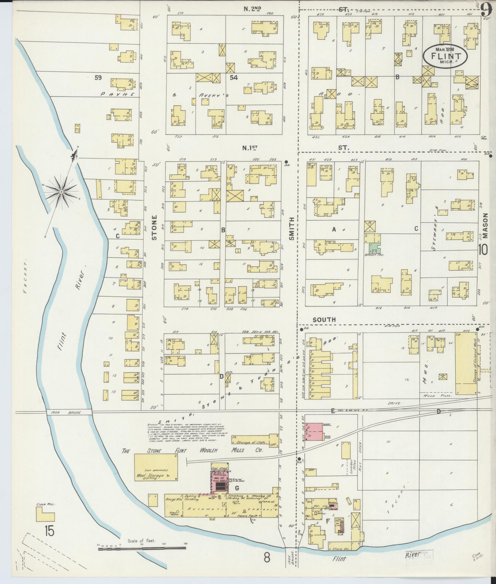 Sanborn Fire Insurance Map from Flint, Genesee County, Michigan (1898), Sheet #0009 - Historic Sanborn Fire Insurance Map Print, vintage old map wall art, antique decor, genealogy gift, Michigan Michigan map