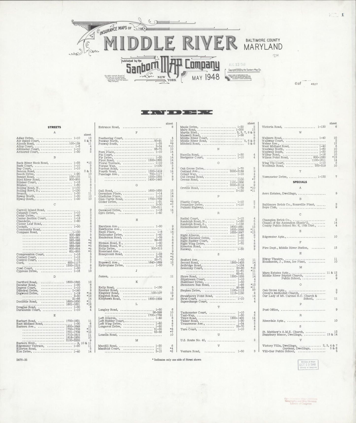 Sanborn Fire Insurance Map from Middle River, Baltimore County, Maryland. (1948) – Historic Sanborn Fire Insurance Map Print