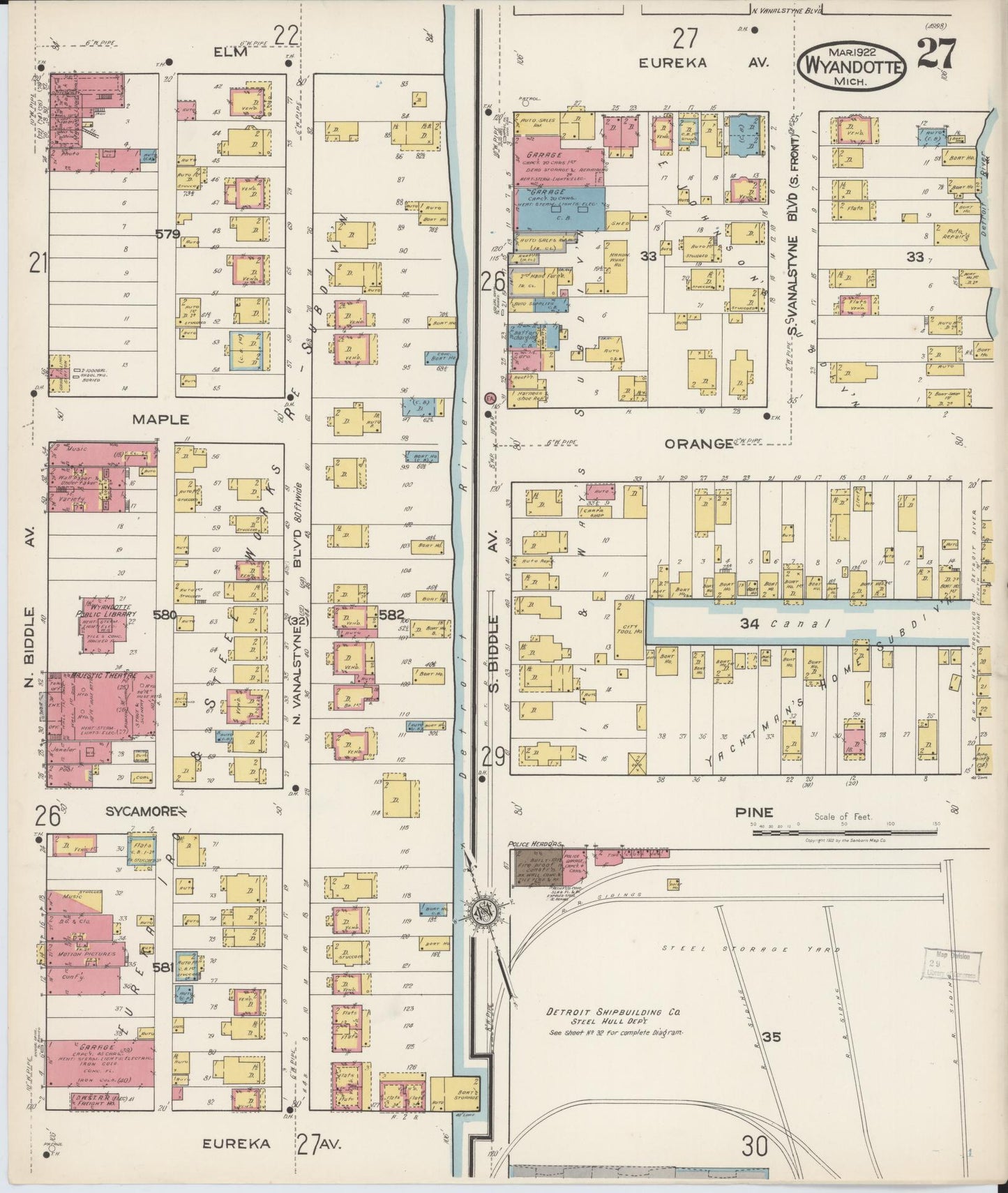 Sanborn Fire Insurance Map from Wyandotte, Wayne County, Michigan (1922), Sheet #0027 - Historic Sanborn Fire Insurance Map Print, vintage old map wall art, antique decor, genealogy gift, Michigan Michigan map