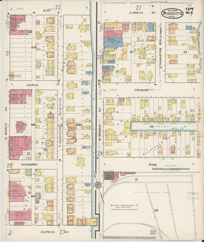 Sanborn Fire Insurance Map from Wyandotte, Wayne County, Michigan (1922), Sheet #0027 - Historic Sanborn Fire Insurance Map Print, vintage old map wall art, antique decor, genealogy gift, Michigan Michigan map