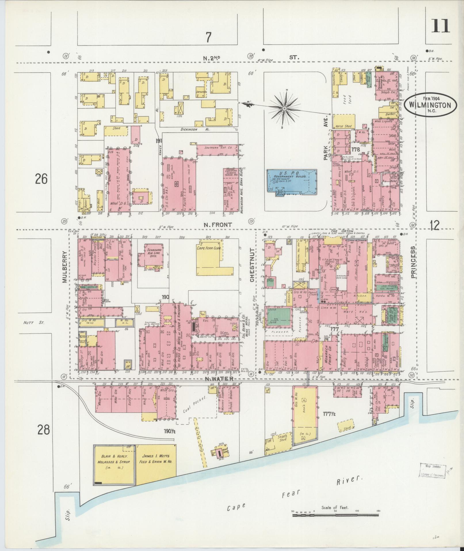 Sanborn Fire Insurance Map from Wilmington, New Hanover County, North Carolina (1904), Sheet #0011 - Historic Sanborn Fire Insurance Map Print, vintage old map wall art, antique decor, genealogy gift, North Carolina North Carolina map