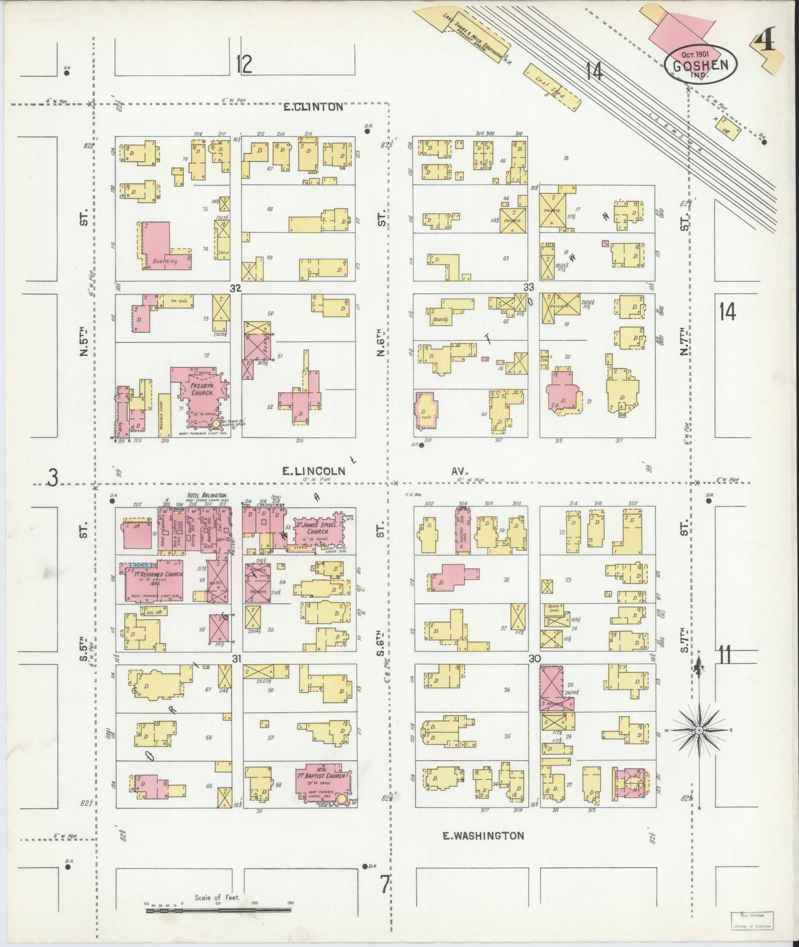 Sanborn Fire Insurance Map from Goshen, Elkhart County, Indiana (1901), Sheet #0004 - Complete Map Set gallery image, historic Sanborn map, vintage wall art, Indiana Indiana