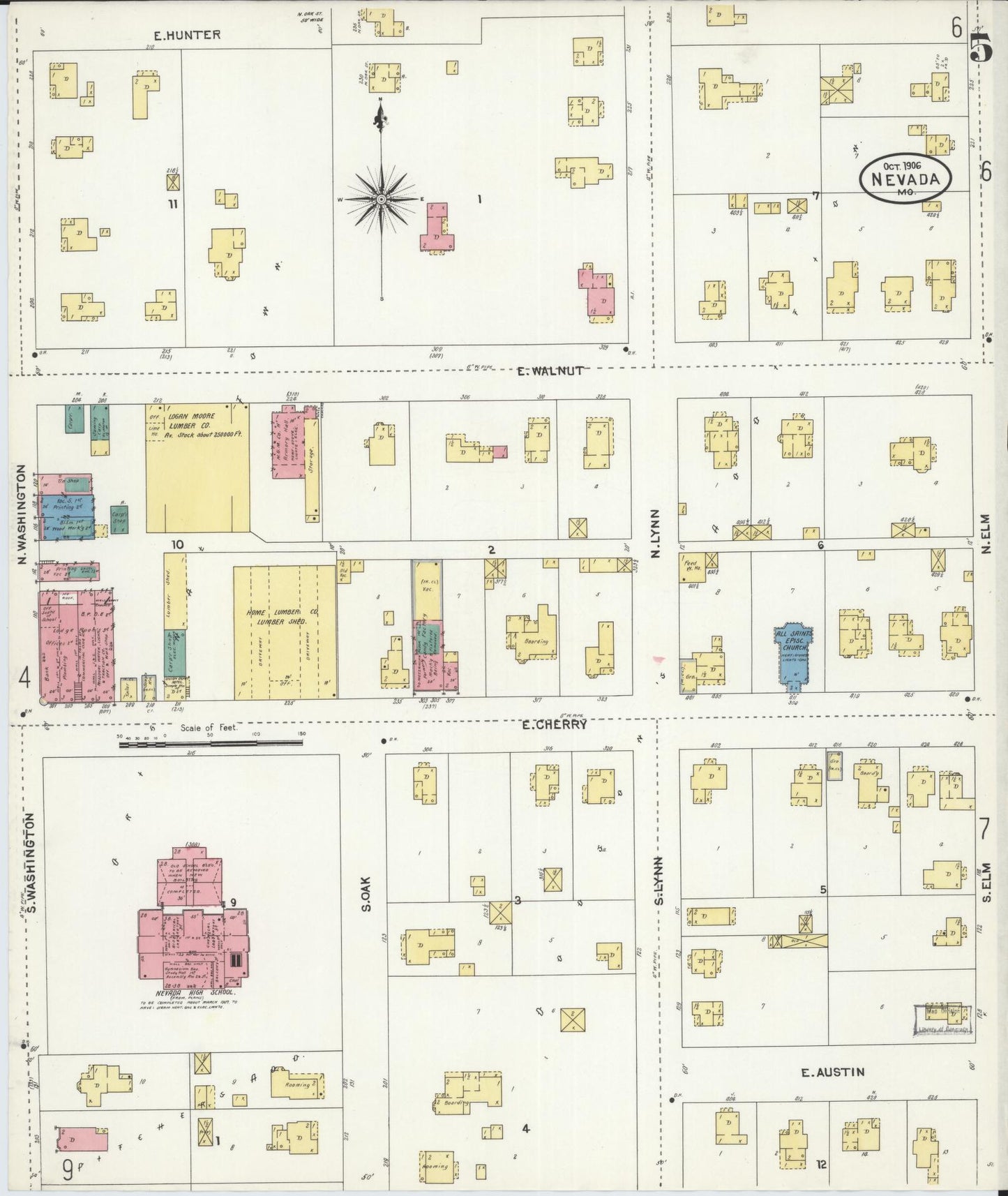 Sanborn Fire Insurance Map from Nevada, Vernon County, Missouri (1906), Sheet #0005 - Complete Map Set gallery image, historic Sanborn map, vintage wall art, Nevada Nevada