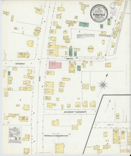 Sanborn Fire Insurance Map from Ridgefield, Fairfield County, Connecticut (1901), Sheet #0001 - Historic Sanborn Fire Insurance Map Print, vintage old map wall art, antique decor, genealogy gift, Connecticut Connecticut map
