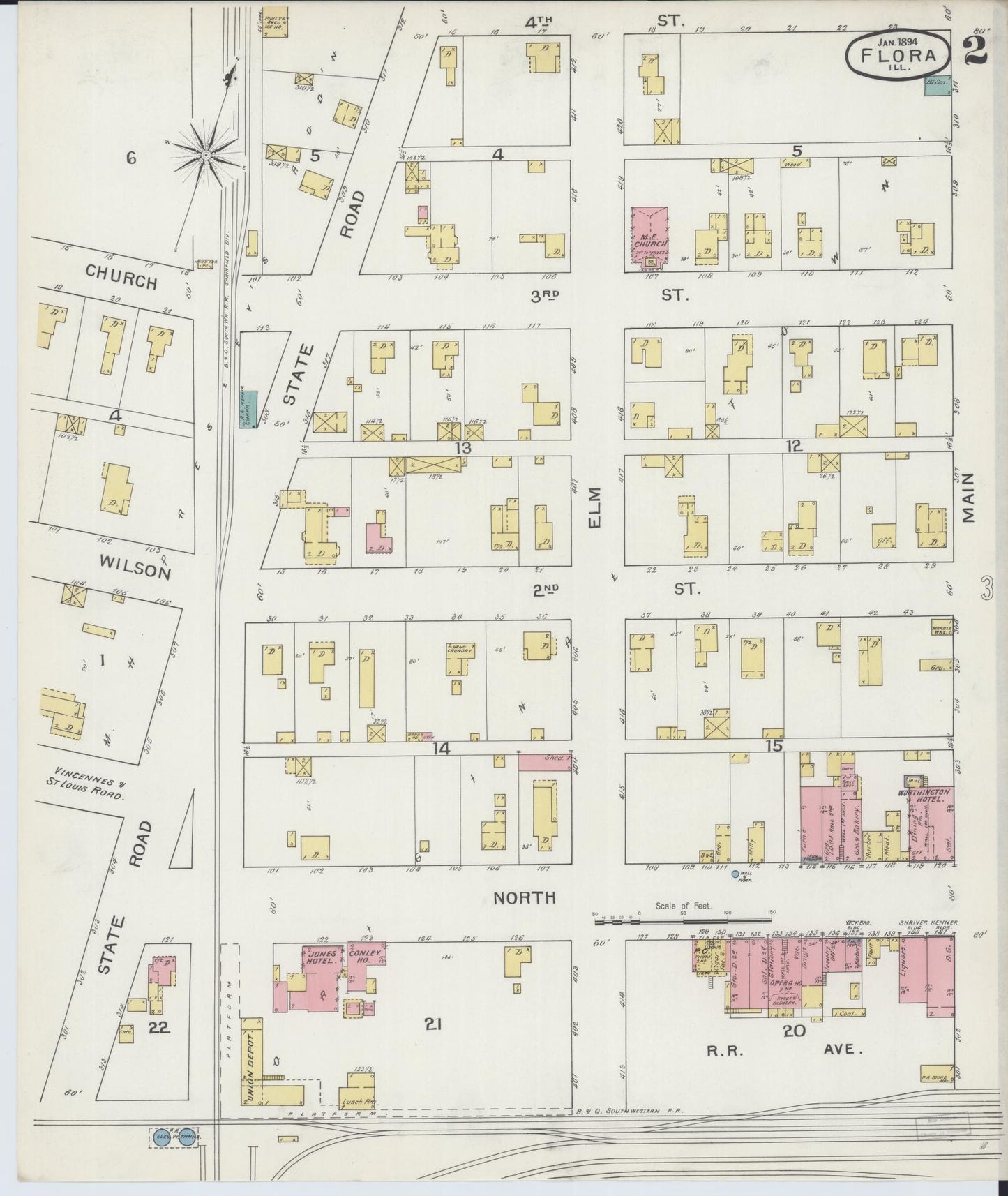 Sanborn Fire Insurance Map from Flora, Clay County, Illinois (1894), Sheet #0002 - Historic Sanborn Fire Insurance Map Print, vintage old map wall art, antique decor, genealogy gift, Illinois Illinois map