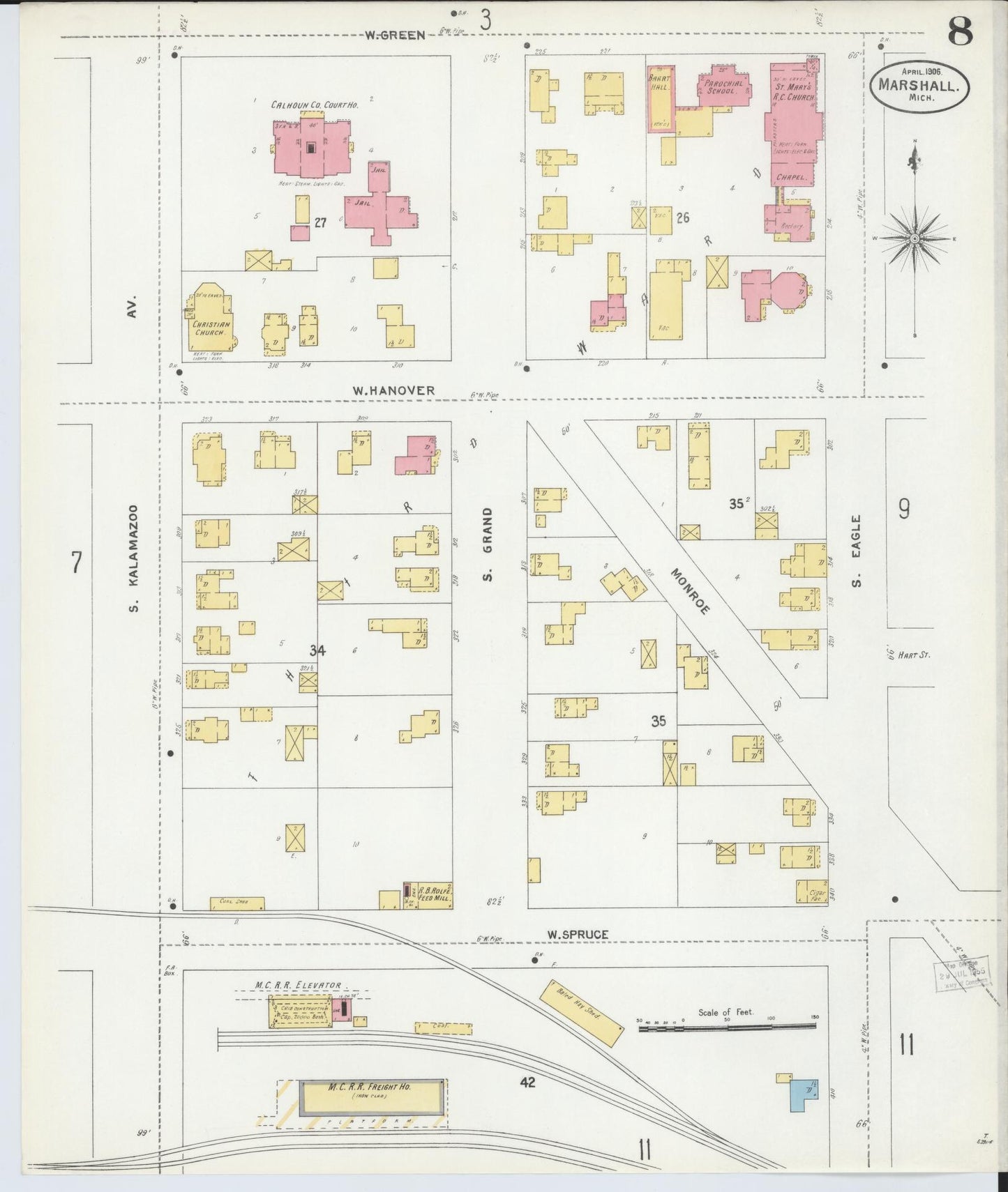 Sanborn Fire Insurance Map from Marshall, Calhoun County, Michigan (1906), Sheet #0008 - Complete Map Set gallery image, historic Sanborn map, vintage wall art, Michigan Michigan
