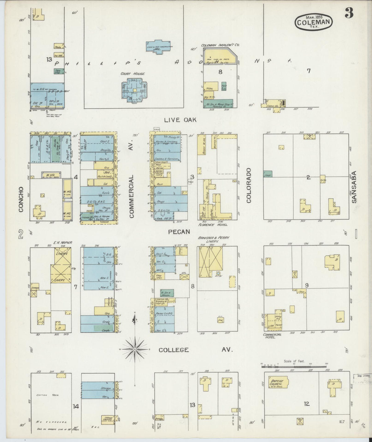 Sanborn Fire Insurance Map from Coleman, Coleman County, Texas (1893), Sheet #0003 - Complete Map Set gallery image, historic Sanborn map, vintage wall art, Texas Texas