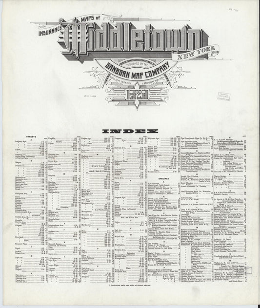 Sanborn Fire Insurance Map from Middletown, Orange County, New York (1920), Sheet #0001 - Historic Sanborn Fire Insurance Map Print, vintage old map wall art, antique decor, genealogy gift, New York New York map