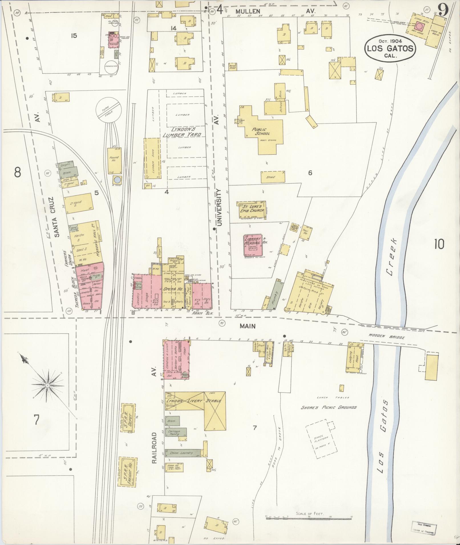 Sanborn Fire Insurance Map from Los Gatos, Santa Clara County, California (1904), Sheet #0009 - Complete Map Set gallery image, historic Sanborn map, vintage wall art, California California
