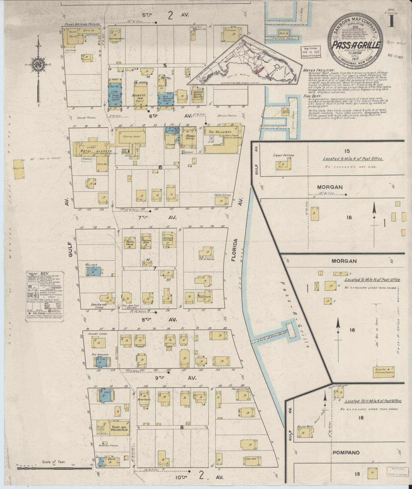 Sanborn Fire Insurance Map from Pass-a-Grille, Pinellas County, Florida (1917), Sheet #0001 - Historic Sanborn Fire Insurance Map Print, vintage old map wall art, antique decor, genealogy gift, Florida Florida map