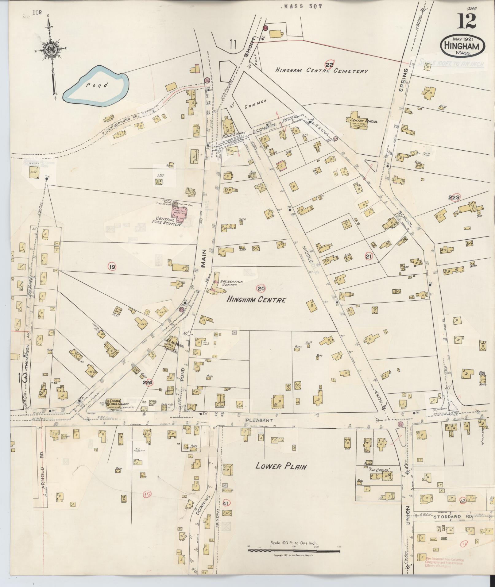 Sanborn Fire Insurance Map from Hingham, Plymouth County, Massachusetts (1948), Sheet #0012 - Historic Sanborn Fire Insurance Map Print, vintage old map wall art, antique decor, genealogy gift, Massachusetts Massachusetts map