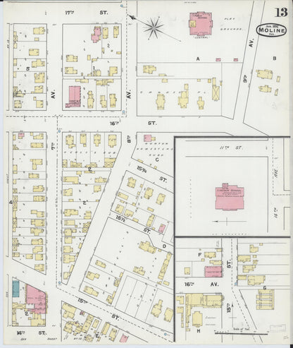 Sanborn Fire Insurance Map from Moline, Rock Island County, Illinois (1892), Sheet #0013 - Complete Map Set gallery image, historic Sanborn map, vintage wall art, Illinois Illinois