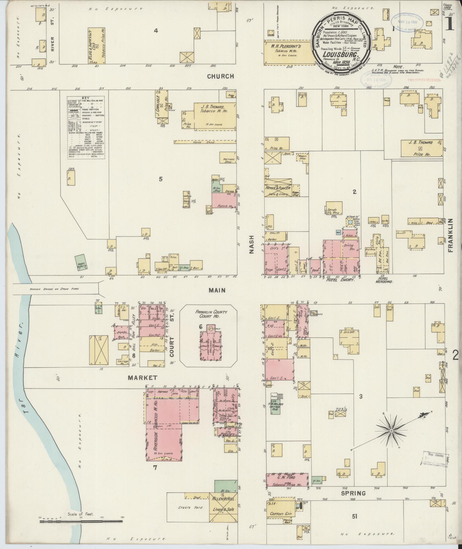 Sanborn Fire Insurance Map from Louisburg, Franklin County, North Carolina (1898), Sheet #0001 - Complete Map Set gallery image, historic Sanborn map, vintage wall art, North Carolina North Carolina