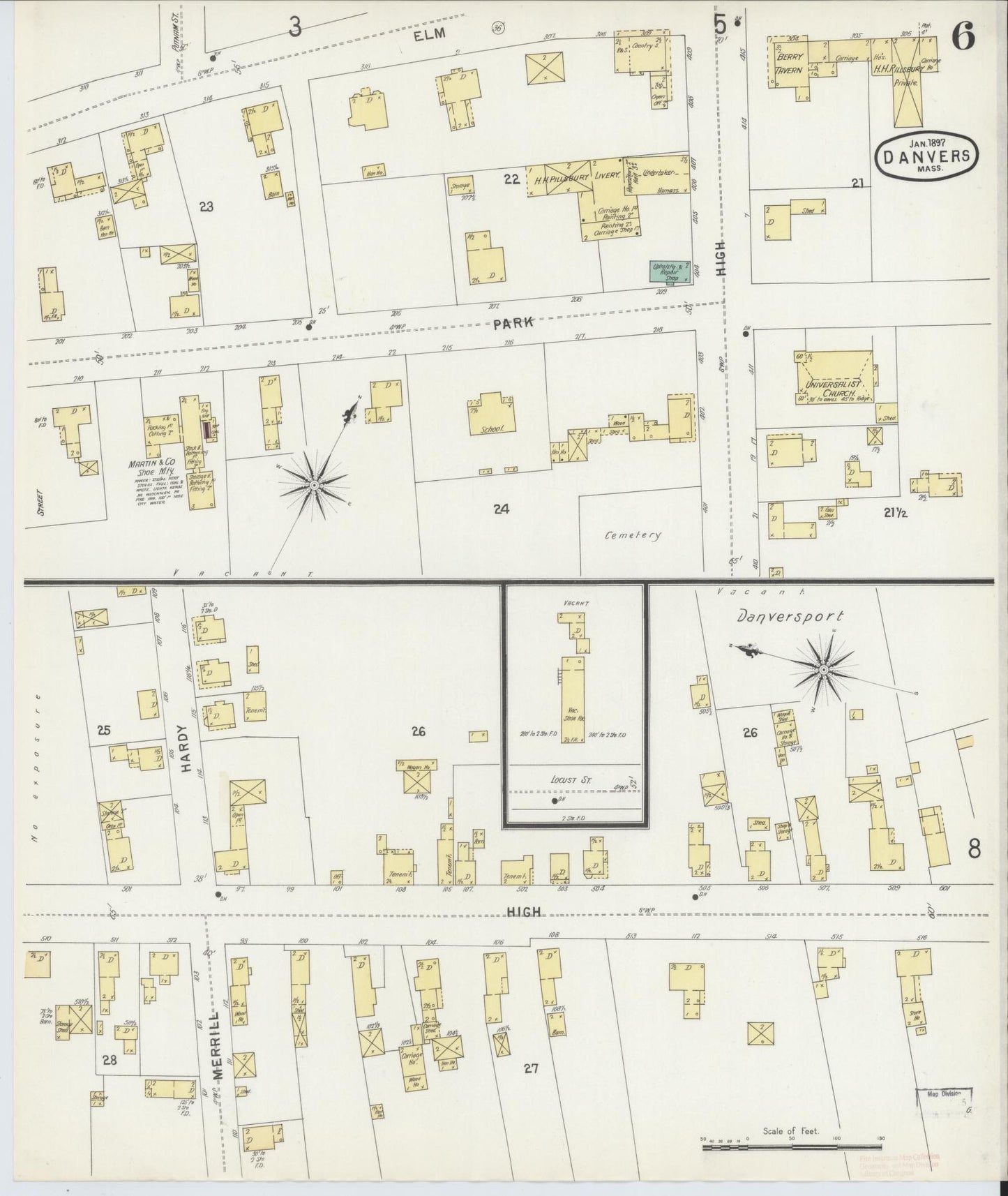 Sanborn Fire Insurance Map from Danvers, Essex County, Massachusetts (1897), Sheet #0006 - Complete Map Set gallery image, historic Sanborn map, vintage wall art, Massachusetts Massachusetts