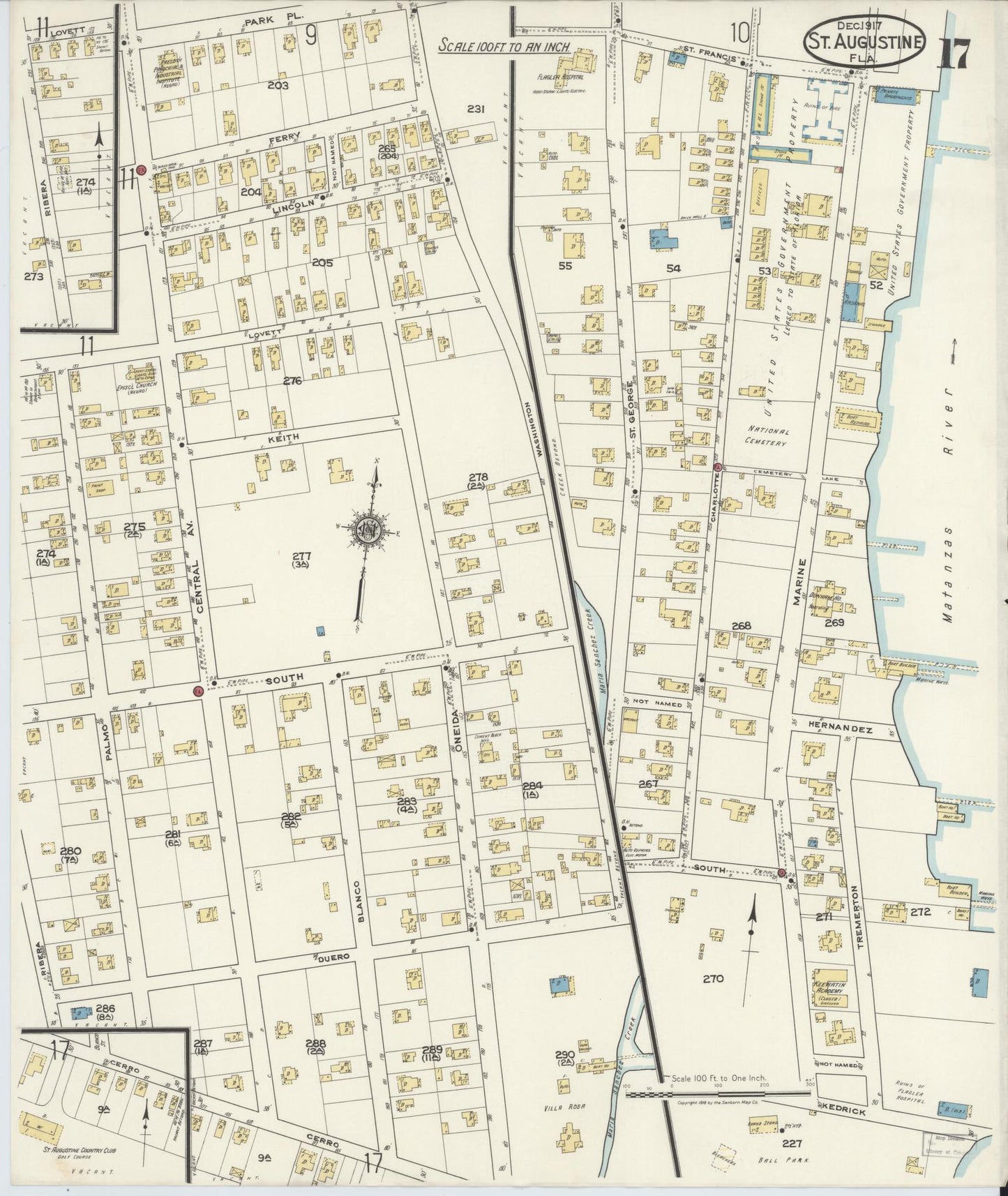 Sanborn Fire Insurance Map from Saint Augustine, Saint John's County, Florida (1917), Sheet #0017 - Complete Map Set gallery image, historic Sanborn map, vintage wall art, Florida Florida