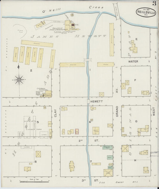Sanborn Fire Insurance Map from Neillsville, Clark County, Wisconsin (1887), Sheet #0003 - Historic Sanborn Fire Insurance Map Print, vintage old map wall art, antique decor, genealogy gift, Wisconsin Wisconsin map