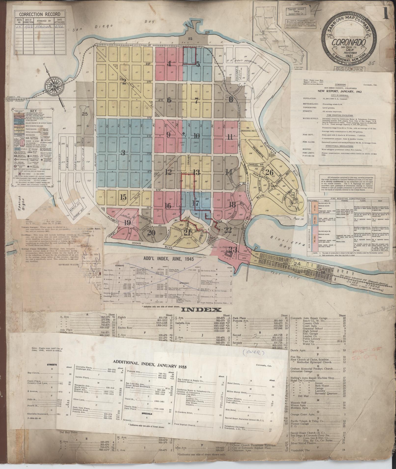 Sanborn Fire Insurance Map from Coronado, San Diego County, California (1962), Sheet #0001 - Historic Sanborn Fire Insurance Map Print, vintage old map wall art, antique decor, genealogy gift, California California map