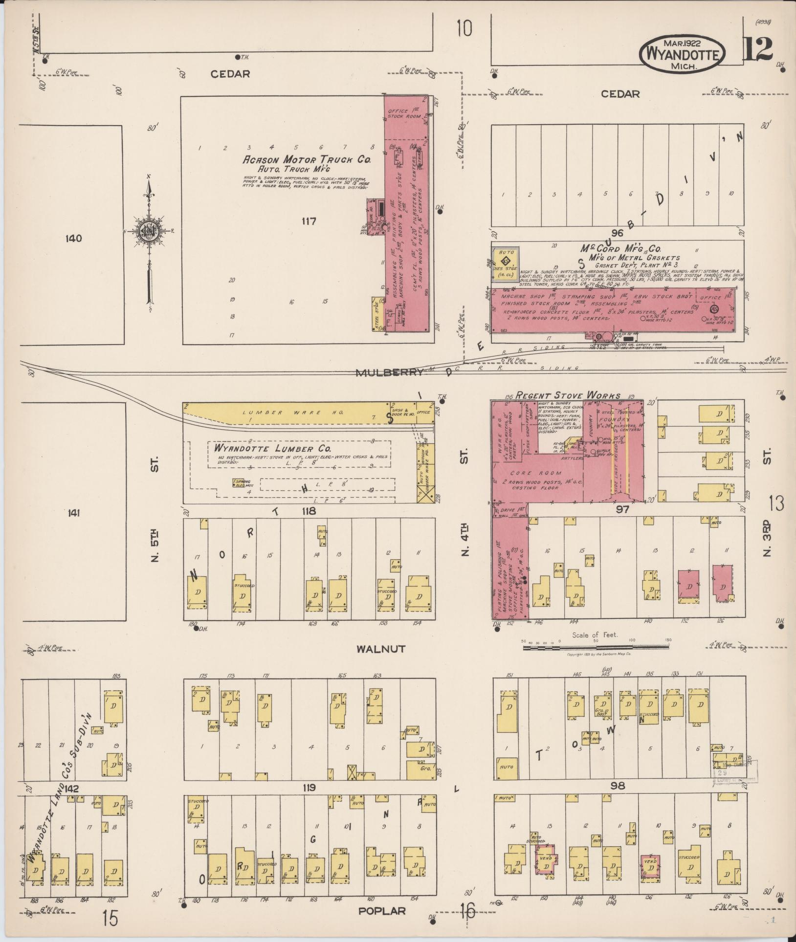 Sanborn Fire Insurance Map from Wyandotte, Wayne County, Michigan (1922), Sheet #0012 - Historic Sanborn Fire Insurance Map Print, vintage old map wall art, antique decor, genealogy gift, Michigan Michigan map