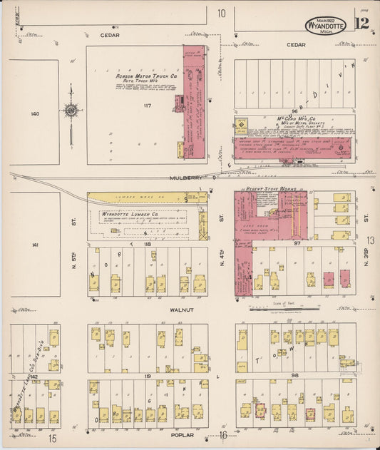 Sanborn Fire Insurance Map from Wyandotte, Wayne County, Michigan (1922), Sheet #0012 - Historic Sanborn Fire Insurance Map Print, vintage old map wall art, antique decor, genealogy gift, Michigan Michigan map