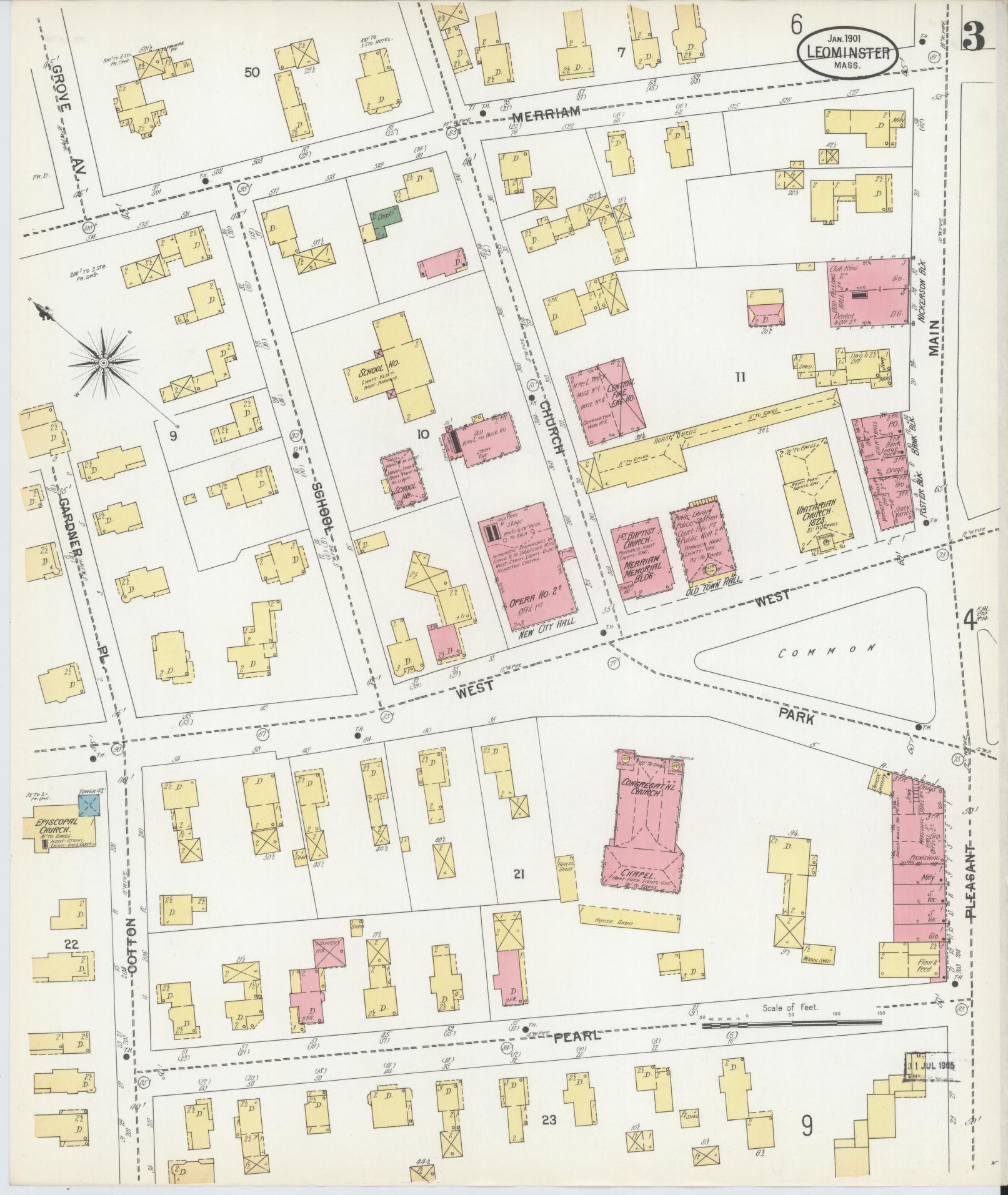 Sanborn Fire Insurance Map from Leominster, Worcester County, Massachusetts (1901), Sheet #0003 - Historic Sanborn Fire Insurance Map Print, vintage old map wall art, antique decor, genealogy gift, Massachusetts Massachusetts map