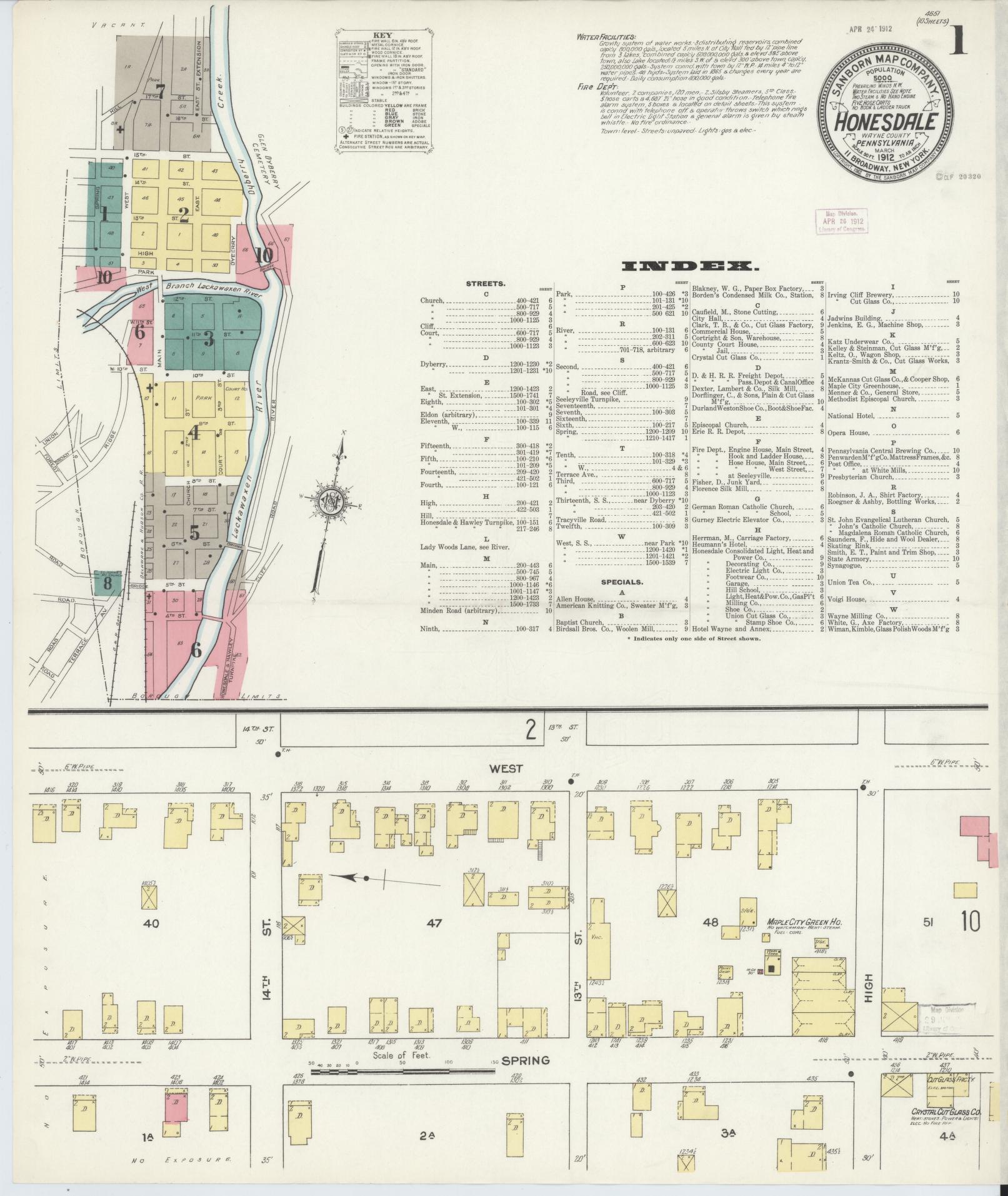 Sanborn Fire Insurance Map from Honesdale, Wayne County, Pennsylvania (1912), Sheet #0001 - Complete Map Set gallery image, historic Sanborn map, vintage wall art, Pennsylvania Pennsylvania