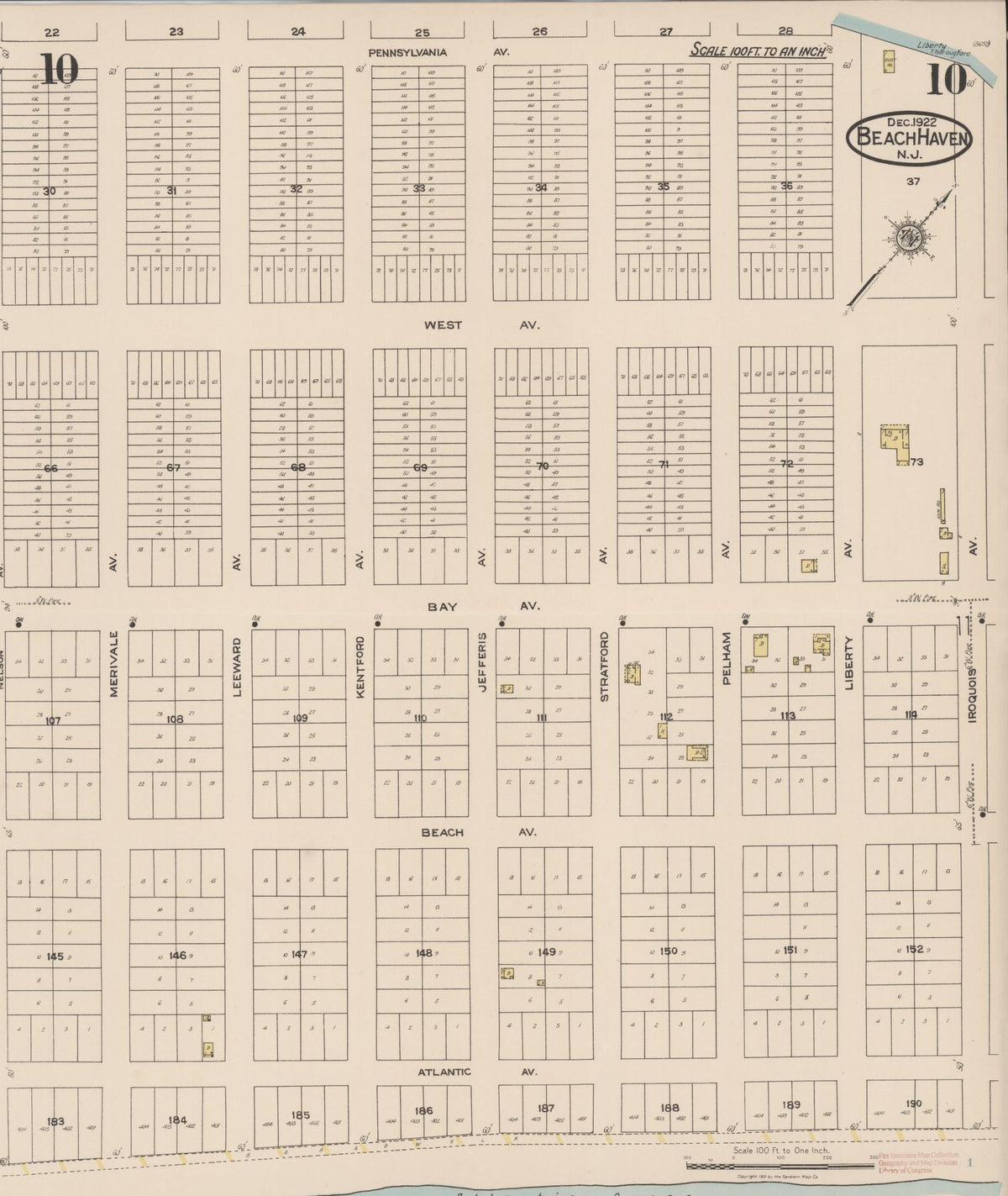 Sanborn Fire Insurance Map from Beach Haven, Ocean County, New Jersey (1922), Sheet #0010 - Historic Sanborn Fire Insurance Map Print, vintage old map wall art, antique decor, genealogy gift, New Jersey New Jersey map