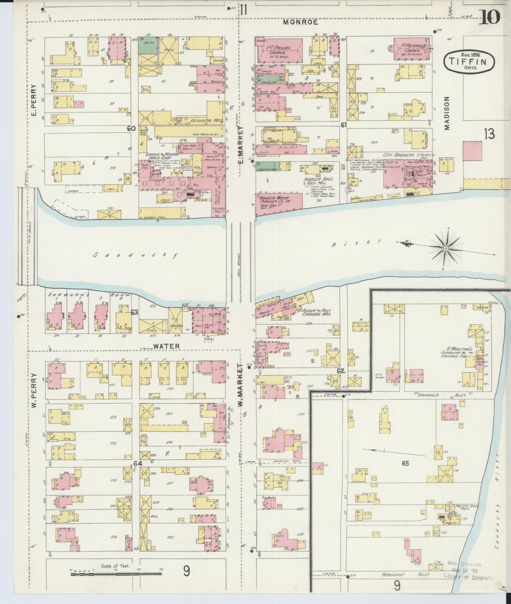 Sanborn Fire Insurance Map from Tiffin, Seneca County, Ohio (1896), Sheet #0010 - Historic Sanborn Fire Insurance Map Print, vintage old map wall art, antique decor, genealogy gift, Ohio Ohio map