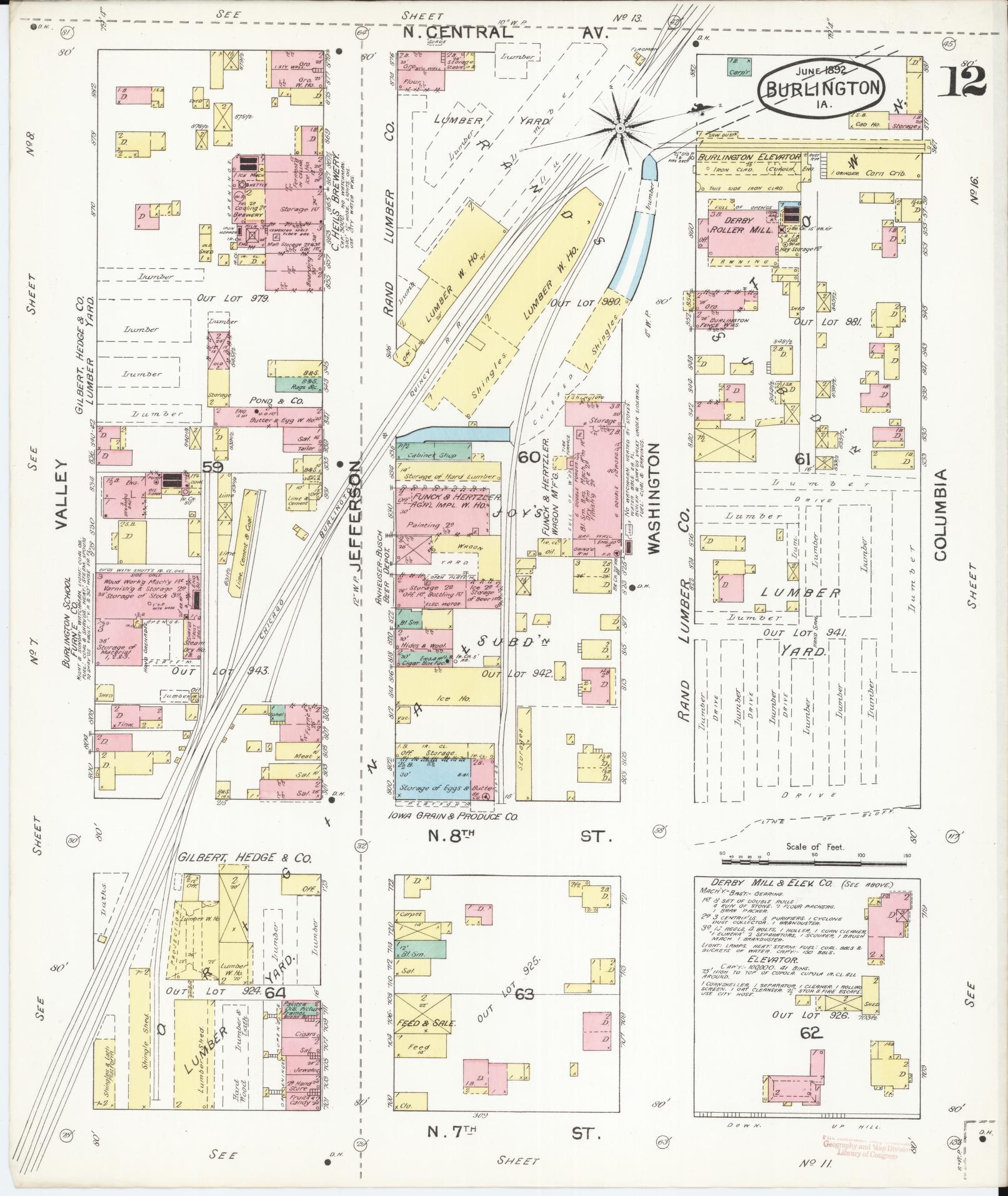 Sanborn Fire Insurance Map from Burlington, Des Moines County, Iowa (1892), Sheet #0012 - Historic Sanborn Fire Insurance Map Print, vintage old map wall art