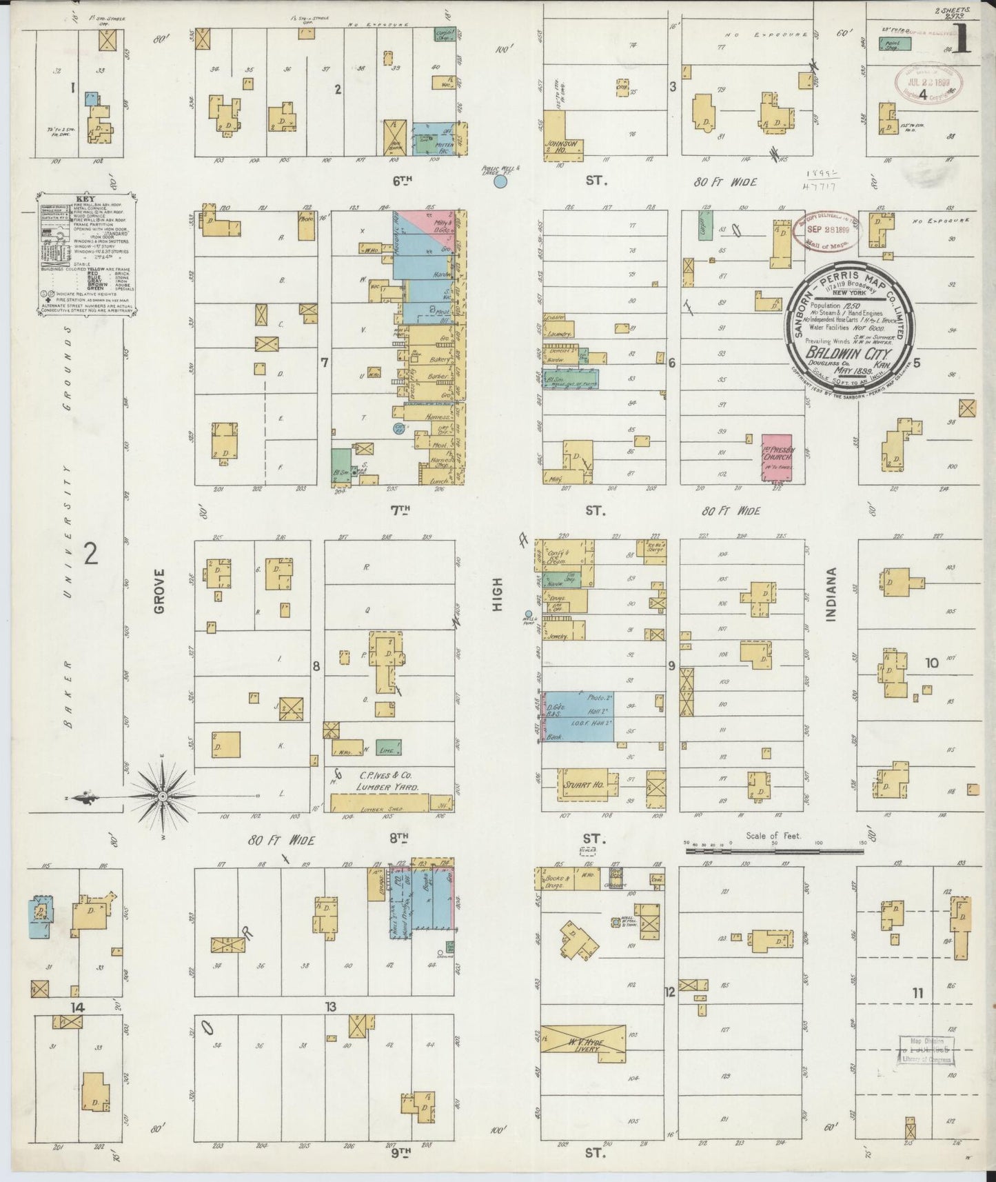 Sanborn Fire Insurance Map from Baldwin City, Douglas County, Kansas (1899), Sheet #0001 - Complete Map Set gallery image, historic Sanborn map, vintage wall art, Kansas Kansas
