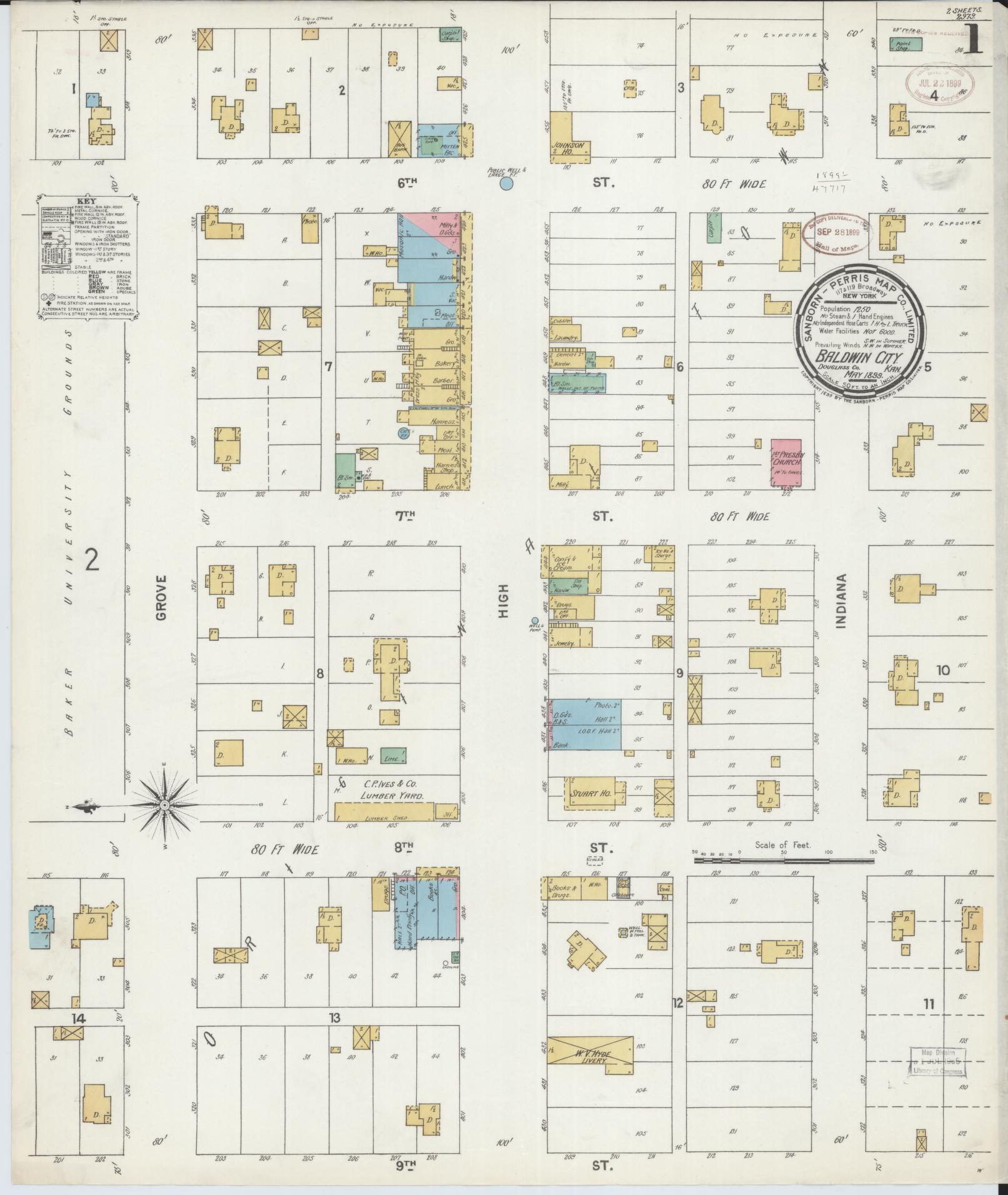 Sanborn Fire Insurance Map from Baldwin City, Douglas County, Kansas (1899), Sheet #0001 - Complete Map Set gallery image, historic Sanborn map, vintage wall art, Kansas Kansas