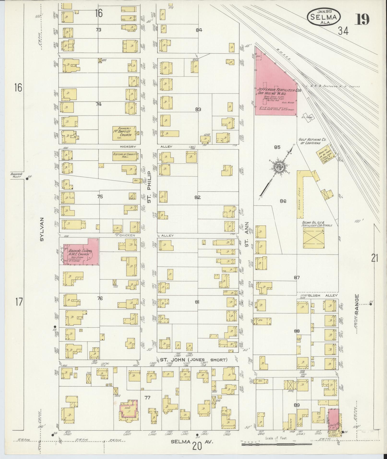 Sanborn Fire Insurance Map from Selma, Dallas County, Alabama (1913), Sheet #0019 - Historic Sanborn Fire Insurance Map Print, vintage old map wall art, antique decor, genealogy gift, Alabama Alabama map