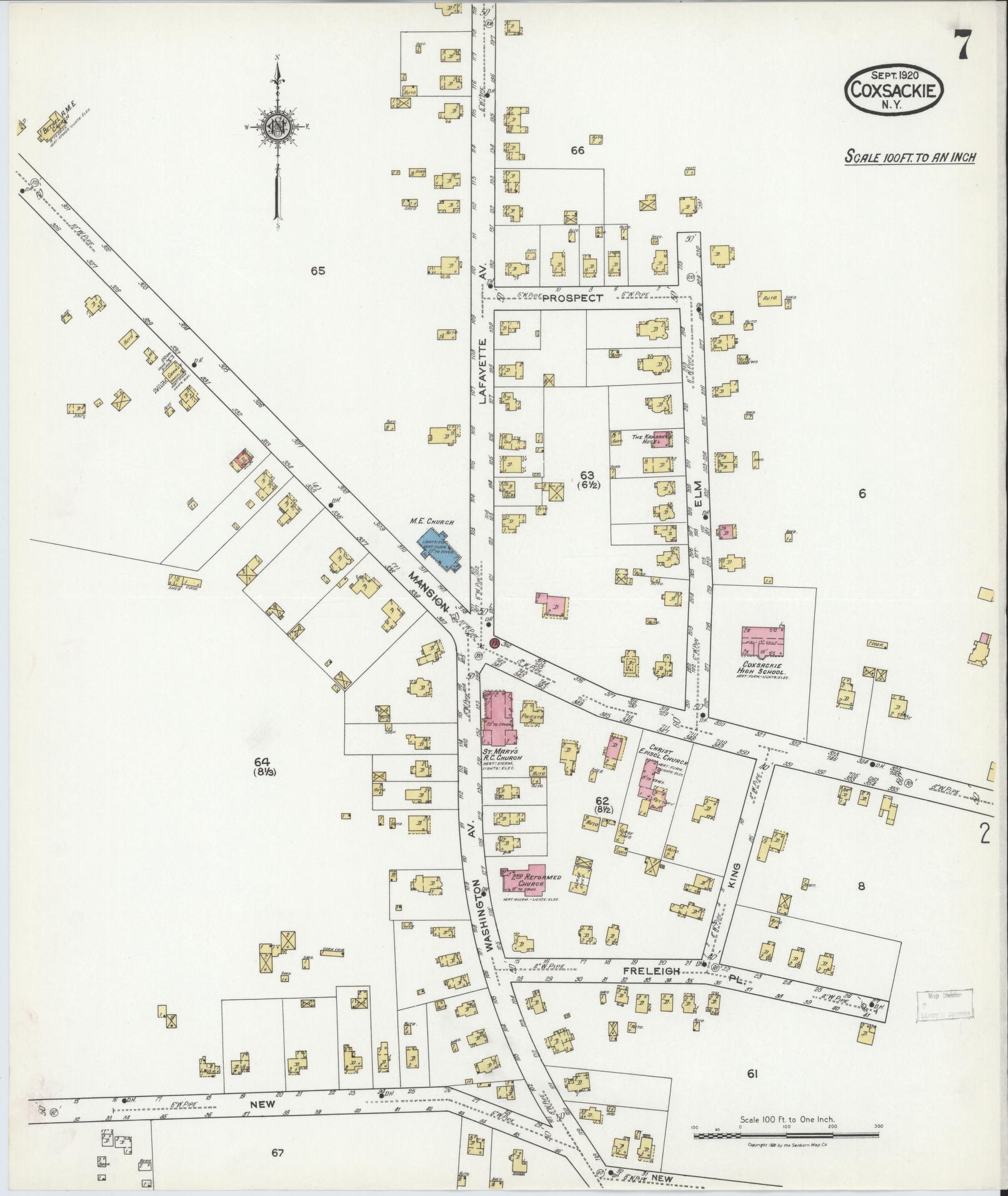 Sanborn Fire Insurance Map from Coxsackie, Greene County, New York (1920), Sheet #0007 - Historic Sanborn Fire Insurance Map Print, vintage old map wall art, antique decor, genealogy gift, New York New York map
