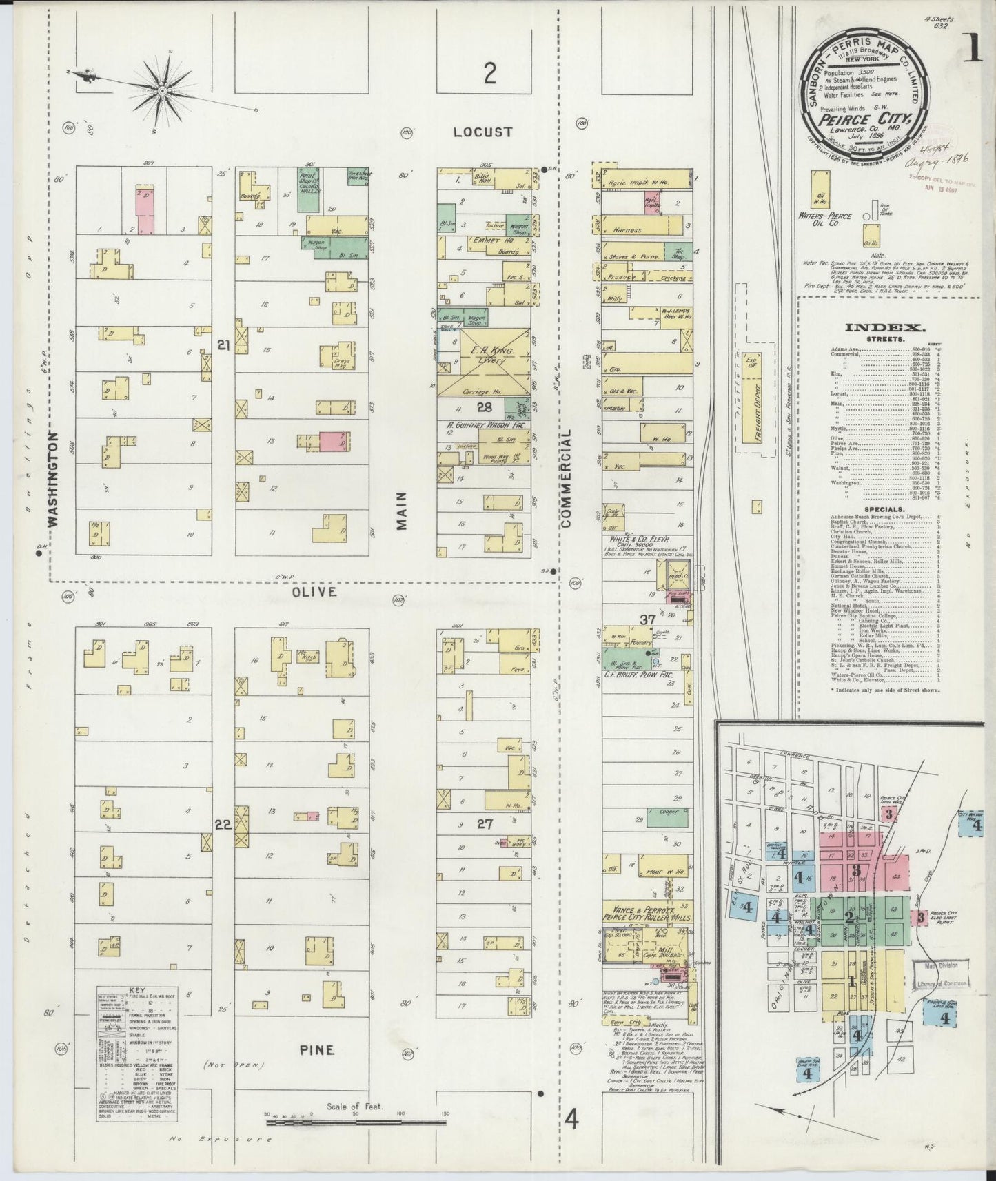 Sanborn Fire Insurance Map from Pierce City, Lawrence County, Missouri (1896), Sheet #0001 - Historic Sanborn Fire Insurance Map Print, vintage old map wall art, antique decor, genealogy gift, Missouri Missouri map