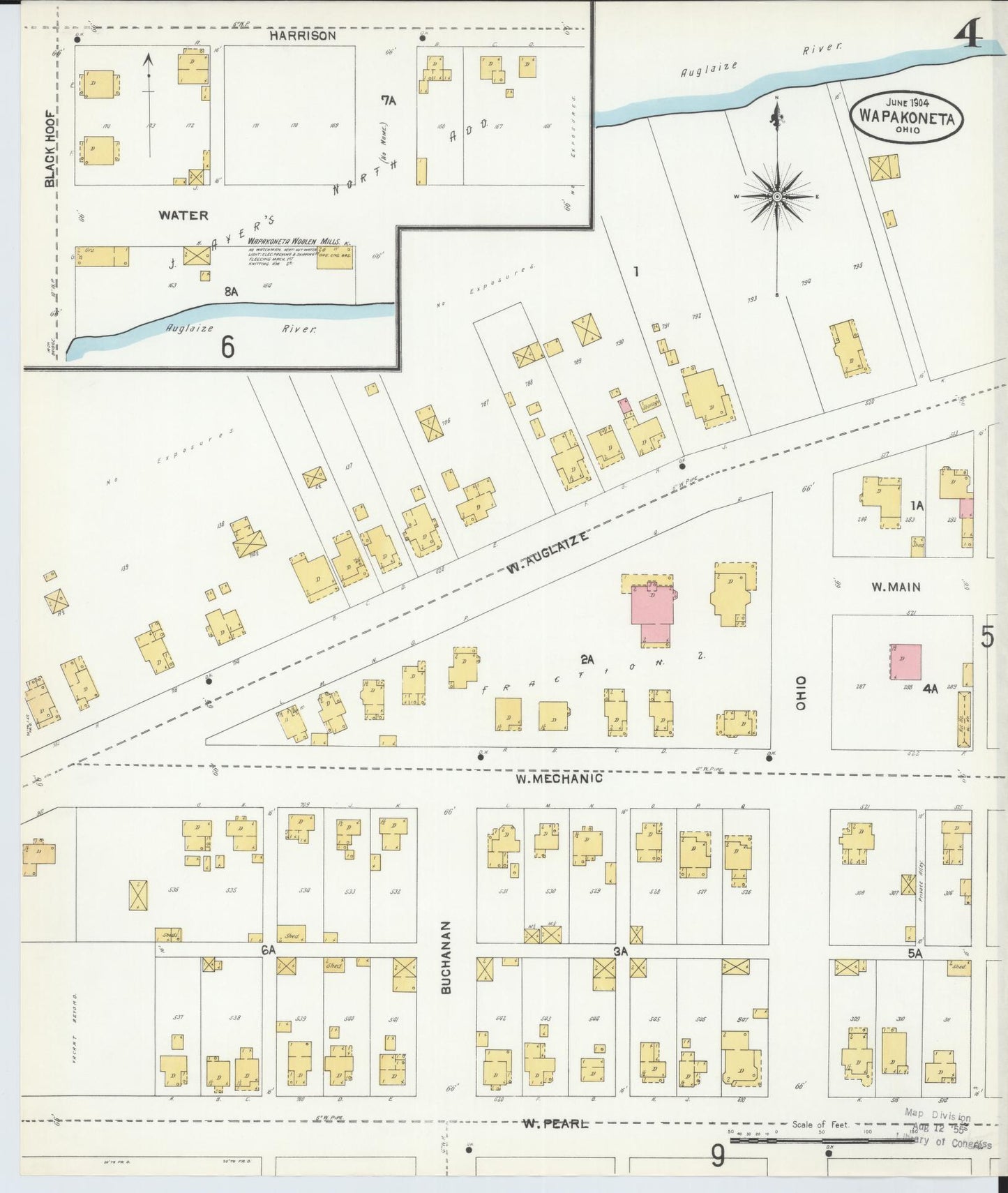 Sanborn Fire Insurance Map from Wapakoneta, Auglaize County, Ohio (1904), Sheet #0004 - Historic Sanborn Fire Insurance Map Print, vintage old map wall art, antique decor, genealogy gift, Ohio Ohio map