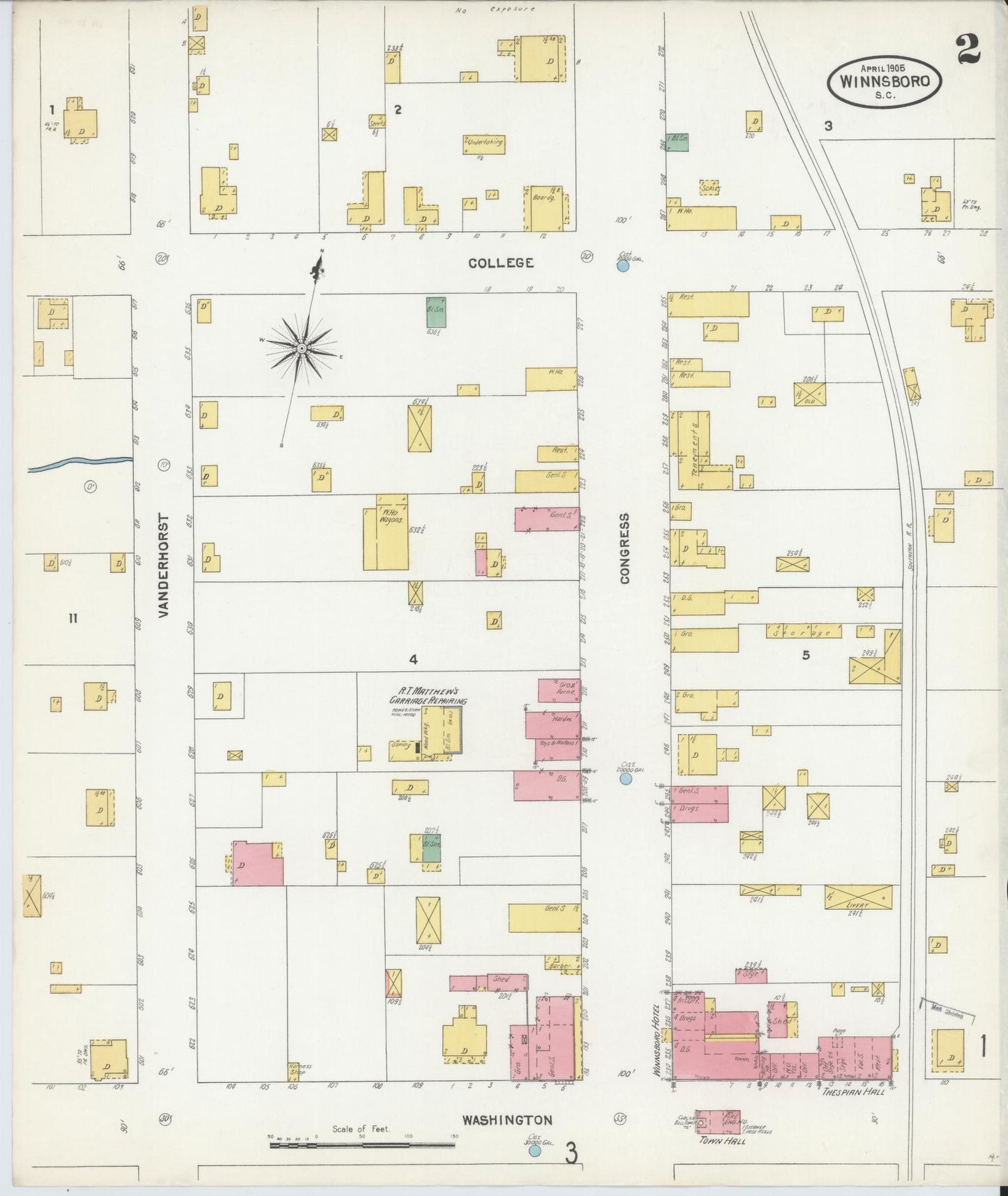 Sanborn Fire Insurance Map from Winnsboro, Fairfield County, South Carolina (1905), Sheet #0002 - Historic Sanborn Fire Insurance Map Print, vintage old map wall art, antique decor, genealogy gift, South Carolina South Carolina map