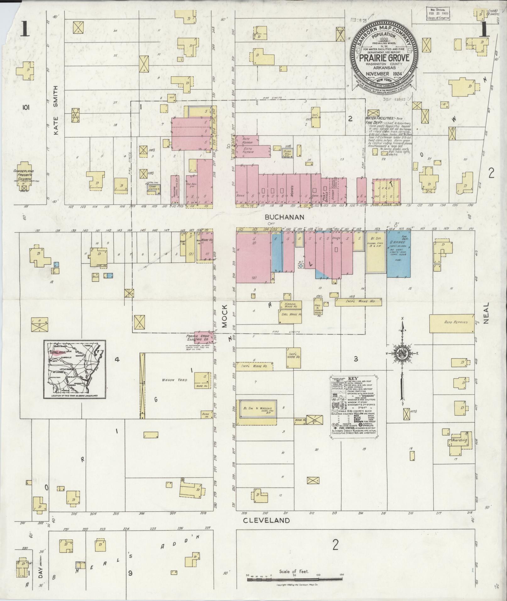 Sanborn Fire Insurance Map from Prairie Grove, Washington County, Arkansas (1924), Sheet #0001 - Historic Sanborn Fire Insurance Map Print, vintage old map wall art, antique decor, genealogy gift, Arkansas Arkansas map