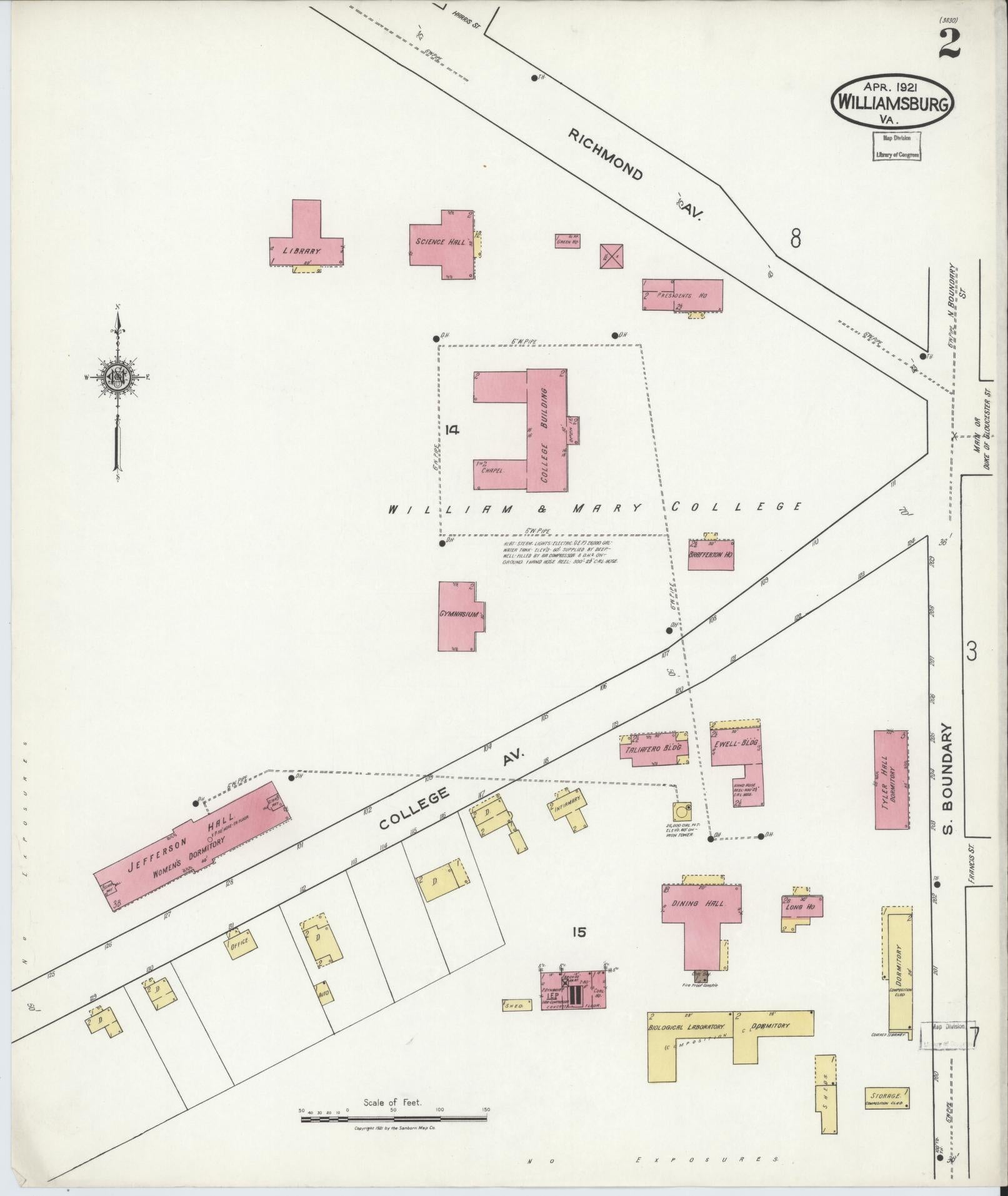Sanborn Fire Insurance Map from Williamsburg, Independent Cities, Virginia (1921), Sheet #0002 - Complete Map Set gallery image, historic Sanborn map, vintage wall art, Virginia Virginia