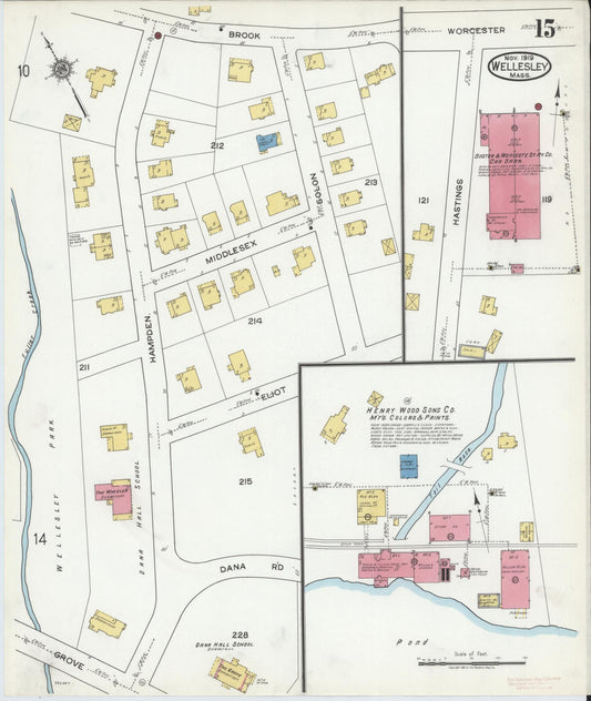 Sanborn Fire Insurance Map from Wellesley, Norfolk County, Massachusetts (1919), Sheet #0015 - Historic Sanborn Fire Insurance Map Print, vintage old map wall art, antique decor, genealogy gift, Massachusetts Massachusetts map