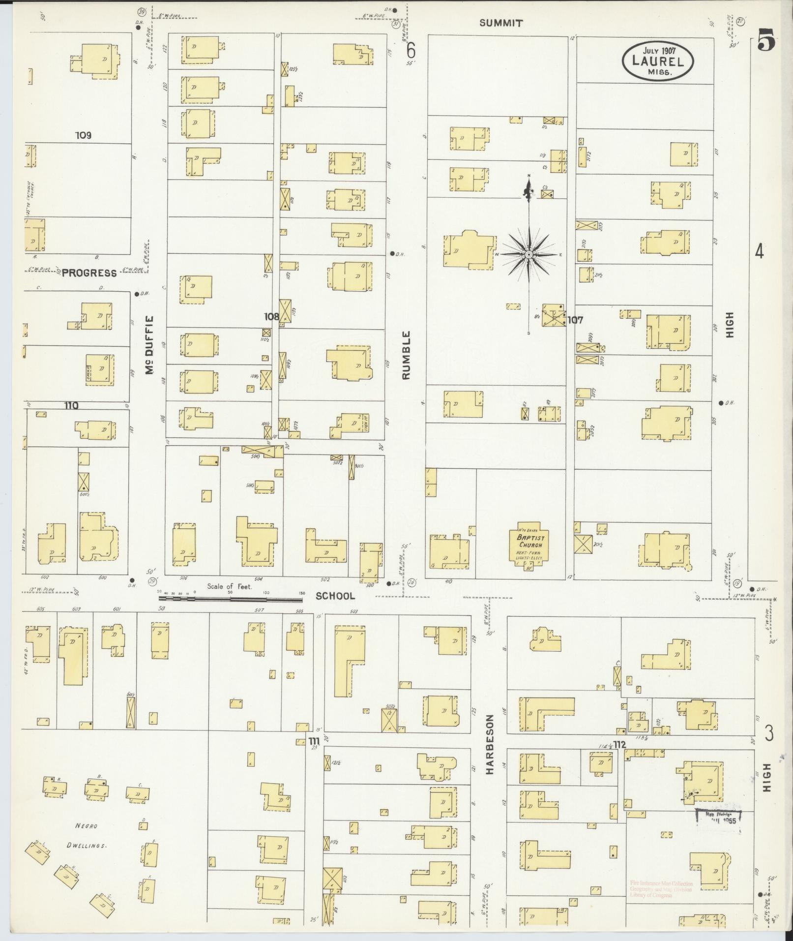 Sanborn Fire Insurance Map from Laurel, Jones County, Mississippi (1907), Sheet #0005 - Historic Sanborn Fire Insurance Map Print, vintage old map wall art, antique decor, genealogy gift, Mississippi Mississippi map