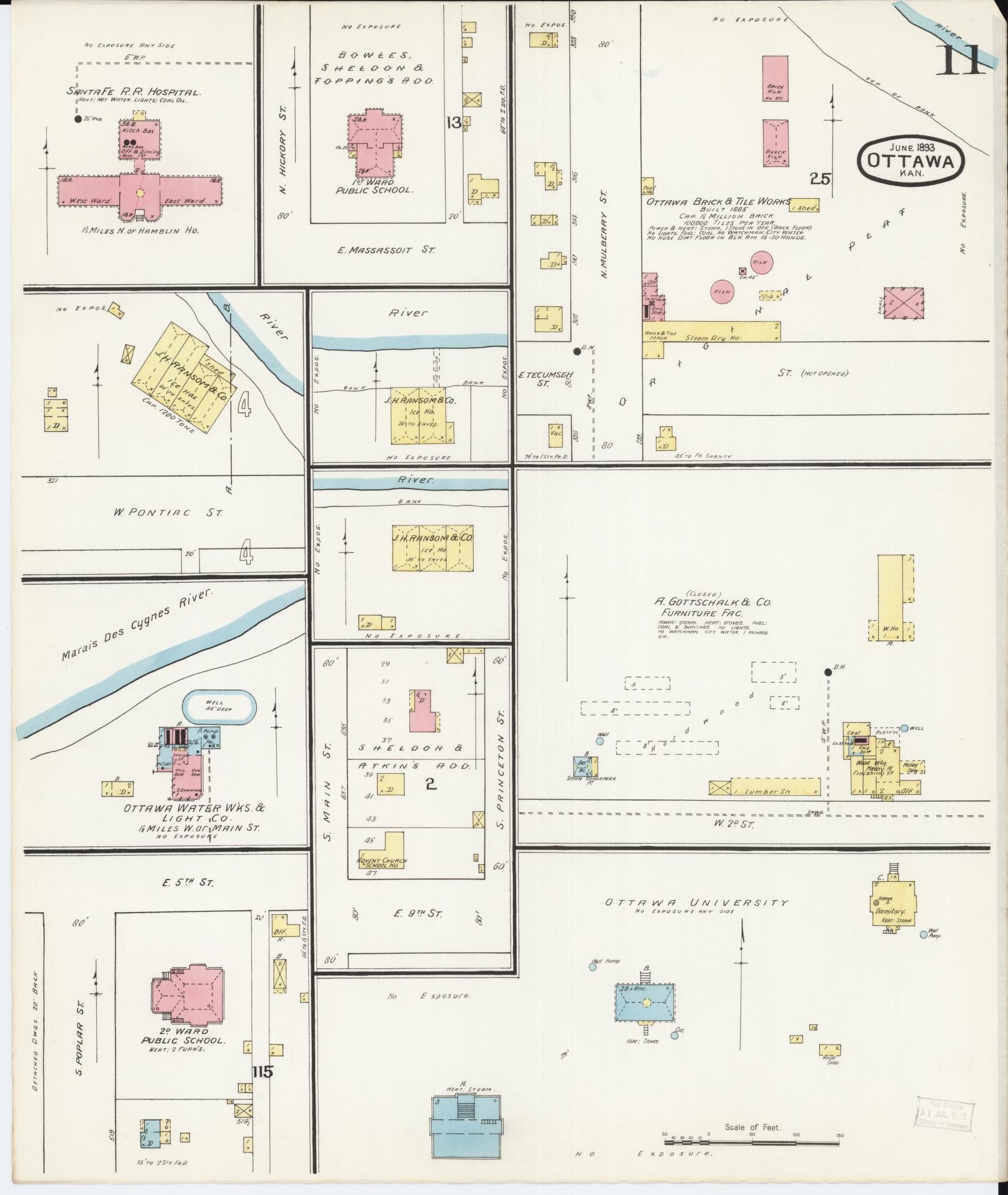 Sanborn Fire Insurance Map from Ottawa, Franklin County, Kansas (1893), Sheet #0011 - Historic Sanborn Fire Insurance Map Print, vintage old map wall art, antique decor, genealogy gift, Kansas Kansas map