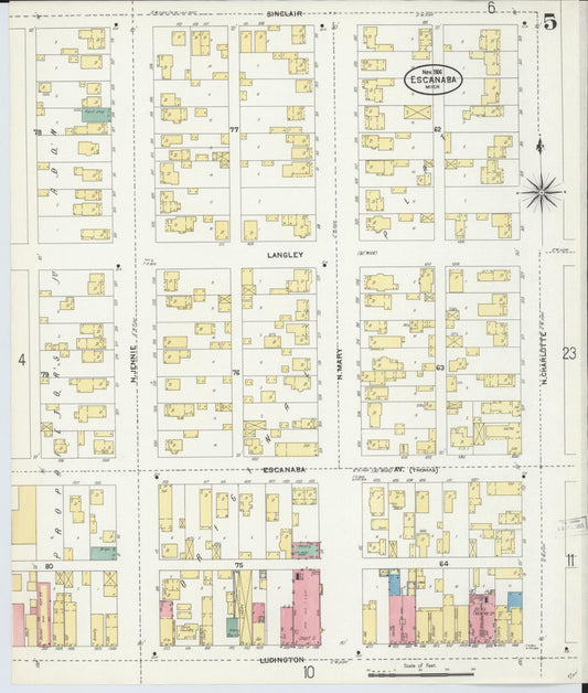 Sanborn Fire Insurance Map from Escanaba, Delta County, Michigan (1906), Sheet #0005 - Historic Sanborn Fire Insurance Map Print, vintage old map wall art, antique decor, genealogy gift, Michigan Michigan map
